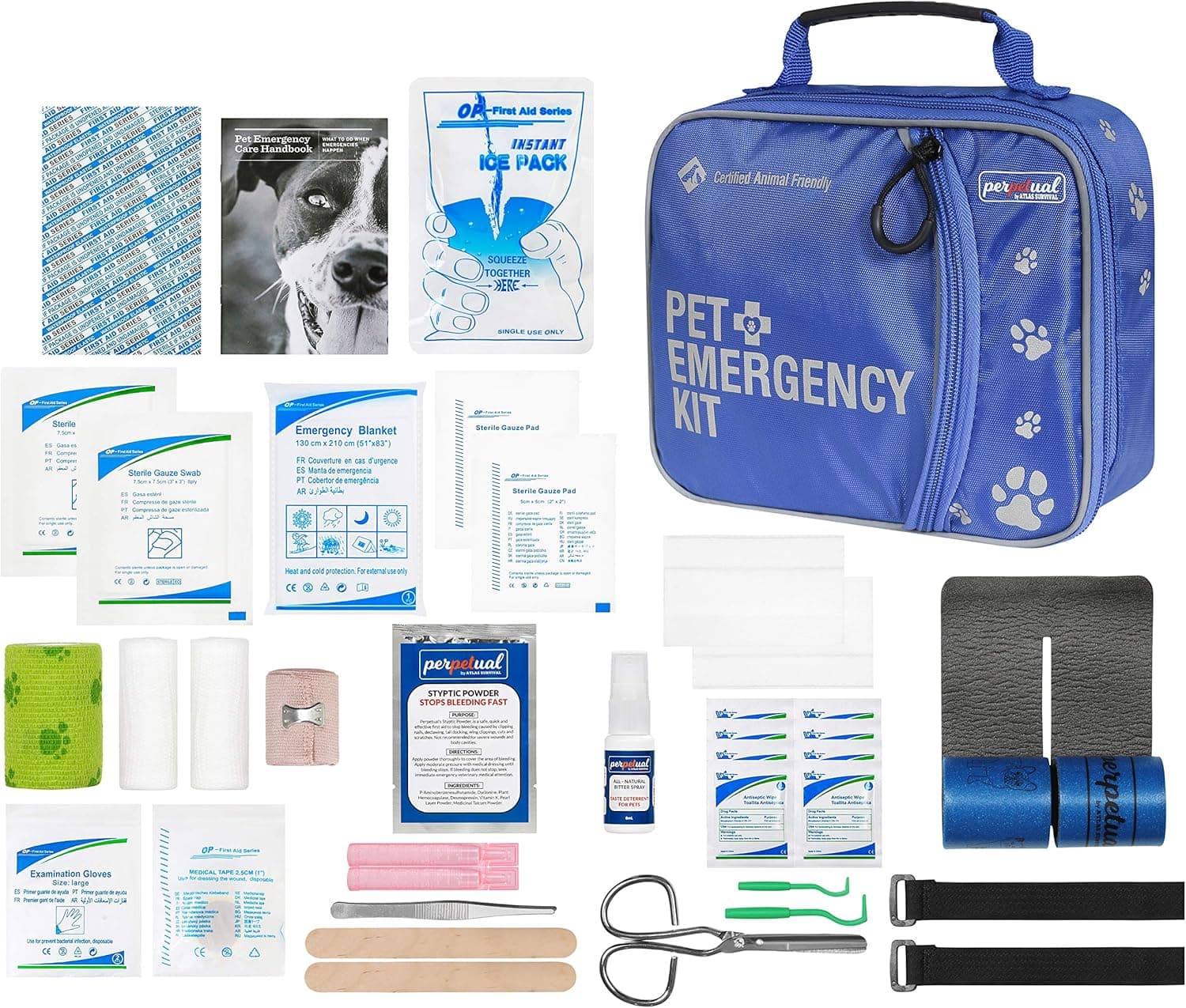 Perpetual Pet First Aid Kit with Vet Wrap, Styptic Powder, Bitter Spray and Veterinary Splint