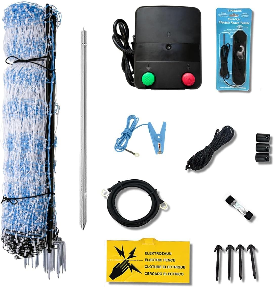 Starkline 42 in x 164 ft Standard Electric Poultry Netting Kit with A/C Energizer 11/42/3, Electric Chicken Fence Kit
