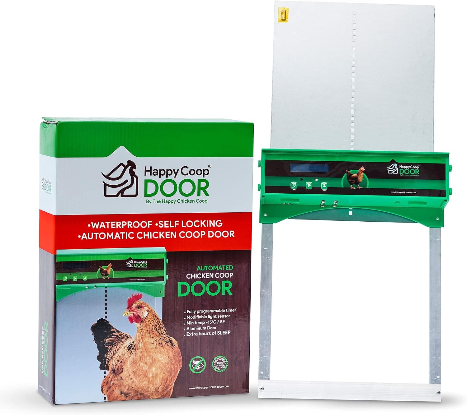 Happy Coop Door Weatherproof Automatic Chicken Coop Door with Timer and Light Sensor, Predator Resistant Self-Locking Gears