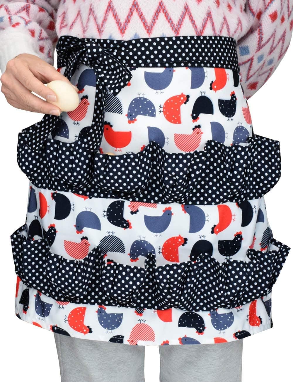 Floosum Egg Collecting Gathering Apron with Deep Pockets, Black Dot Canvas Waterproof Apron Egg Holder for Hen and Duck