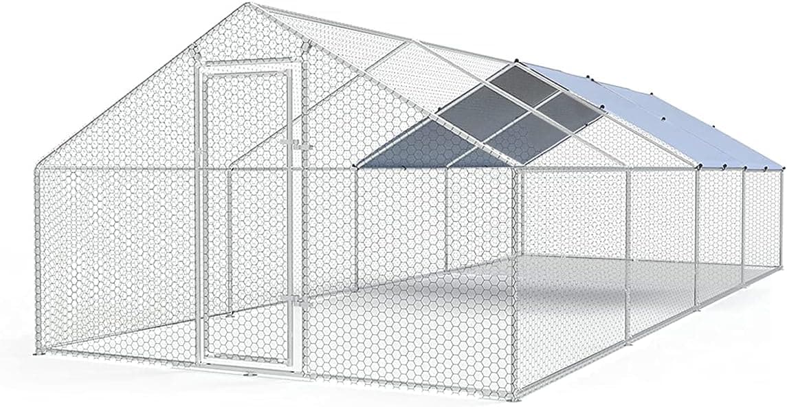 Large Metal Chicken Coop Walk-in Poultry Cage Chicken Run Duck House with Waterproof and Anti-Ultraviolet Cover, 9.8ft L x 26.2ft W x 6.4ft H