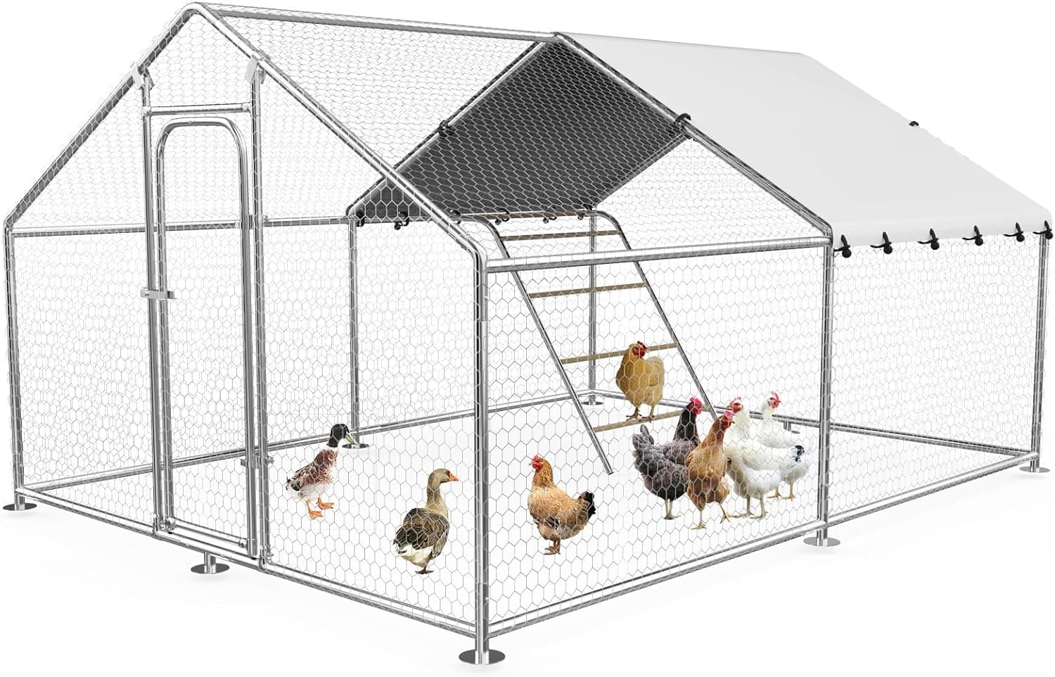 Large Metal Chicken Coop Chicken Run Hen Rabbit Duck House with Waterproof Cover for Outdoor Walk-in Poultry Cage, Dome Roof 10ft W x 13.1ft L x 6.4ft H