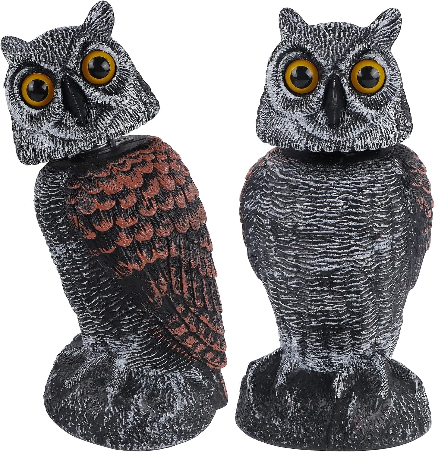 Hausse 2 Pack Fake Owl Decoys to Scare Birds Away, Rotating Head Plastic Owl Bird Deterrents, 10.6 Inch Height Bird Scarecrow