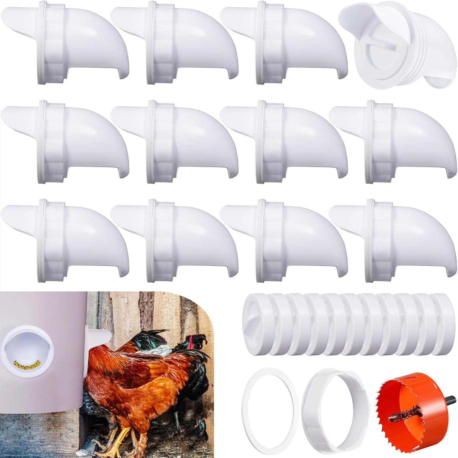 12 Ports DIY Poultry Feeder Ports, Rain Proof Gravity Fed Kit with Critter Stopper for Buckets and Barrels