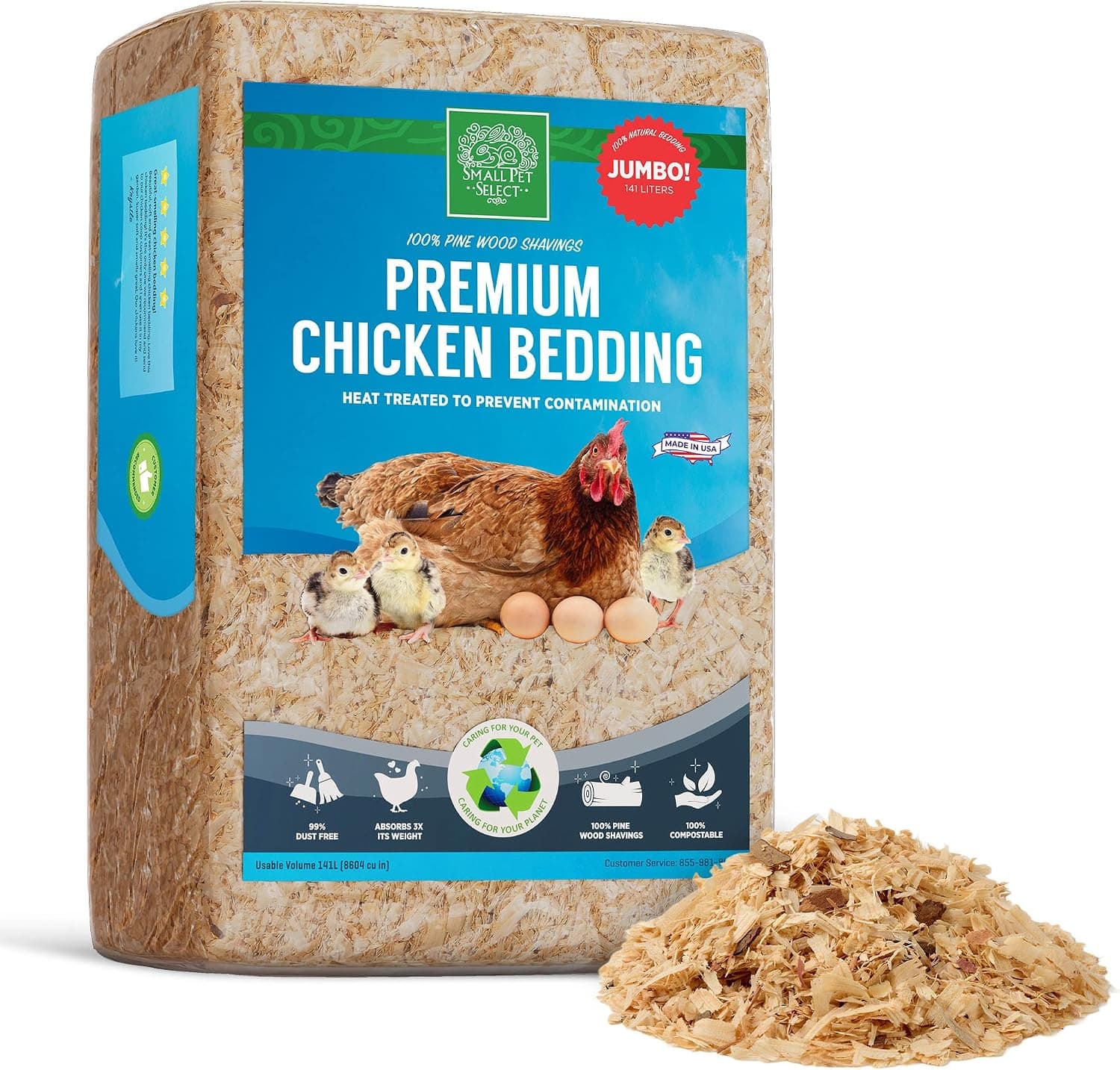 Small Pet Select Pine Shavings Chicken Coop Bedding for Hen Nesting Boxes and Chick Brooders, 141L