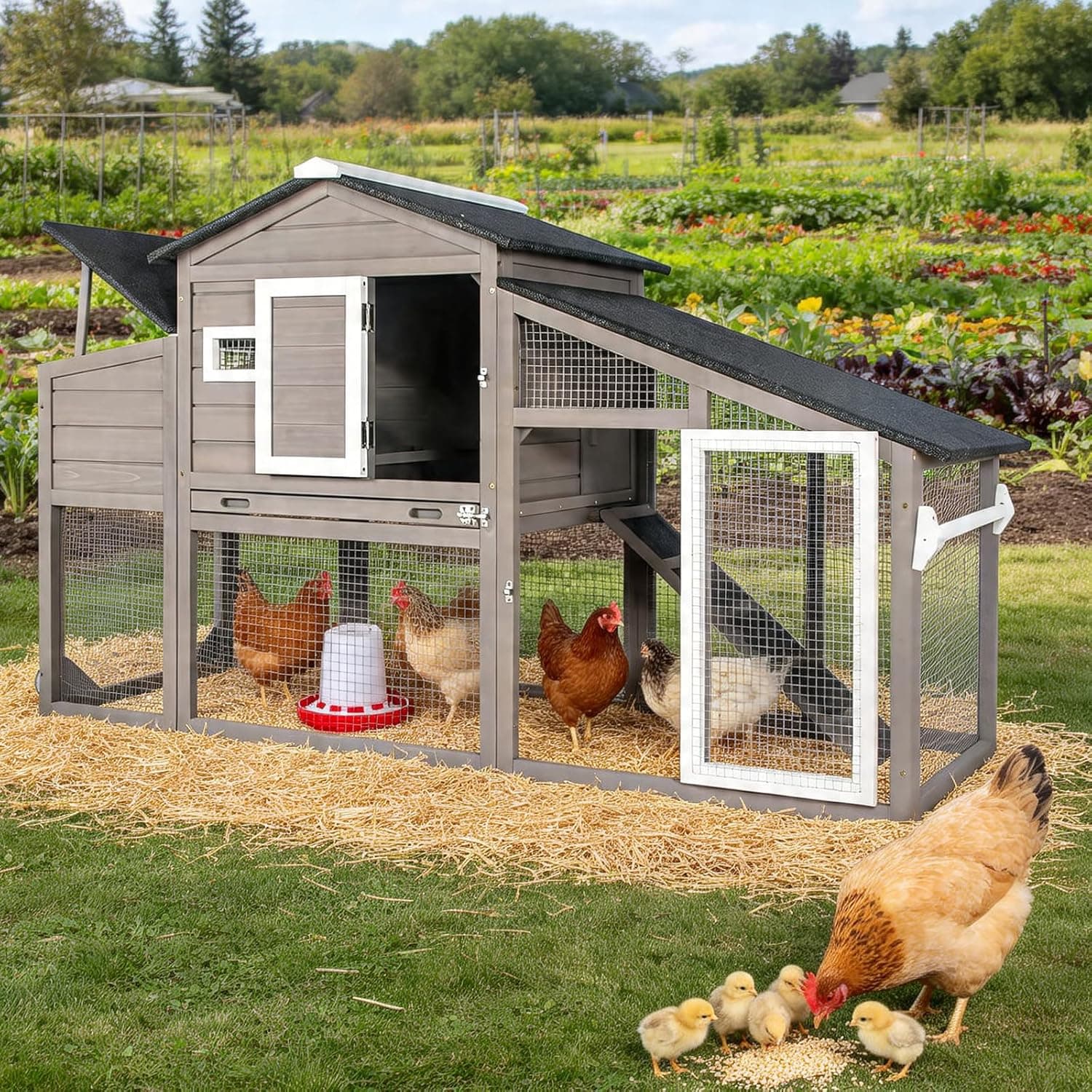 PetsCosset Chicken Coop Wooden Backyard Hen House for 2-3 Chickens, 2 Story Poultry Cage with Run, Nesting Box, Pull Out Trays and Anti-Slip Asphalt Ramp