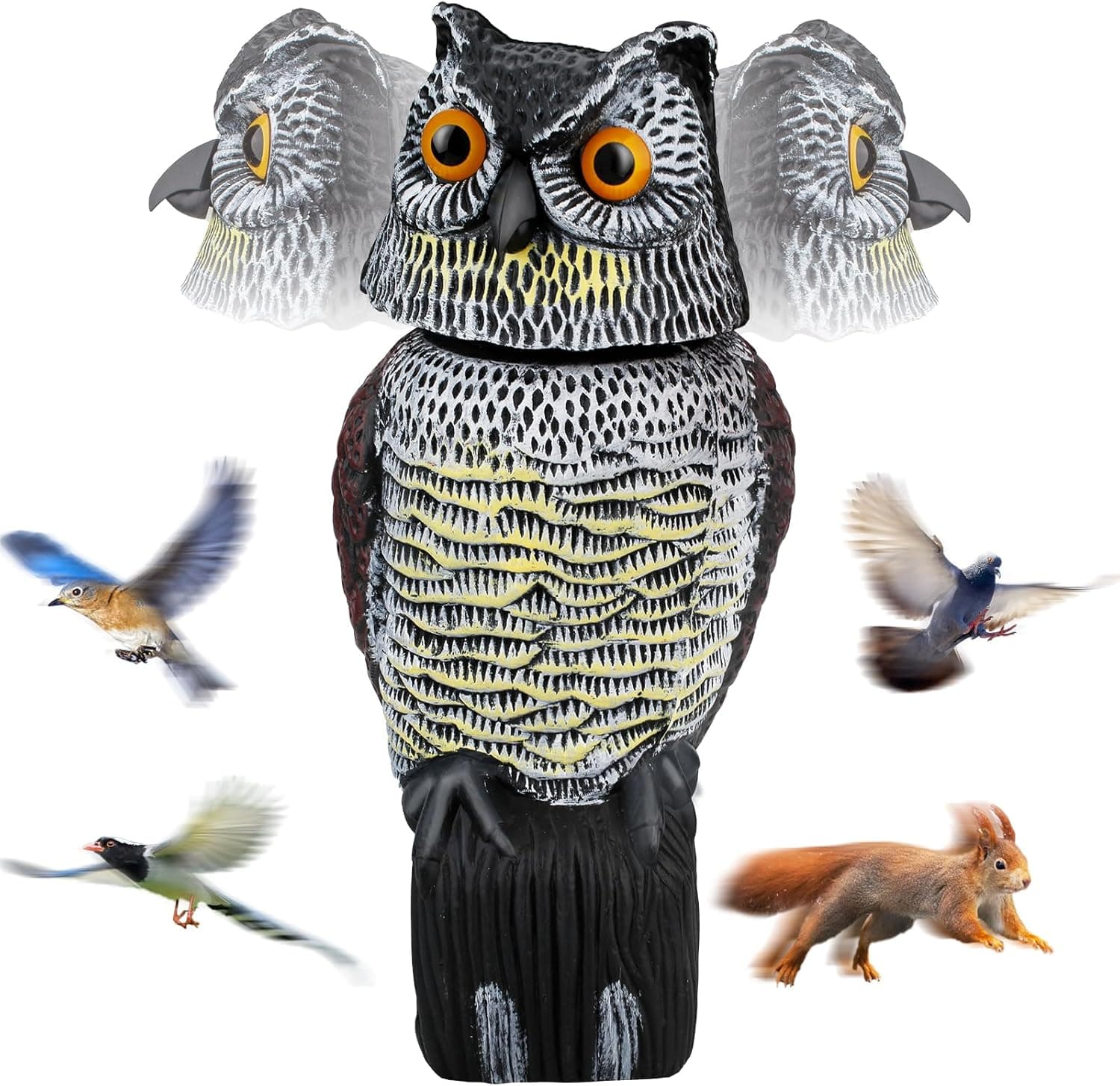 Owl Decoys to Scare Birds and Squirrels Away, 360 Rotating Head Activated, Fake Owl Statues Repellent for Hawk, Squirrel, Cats and Pigeons