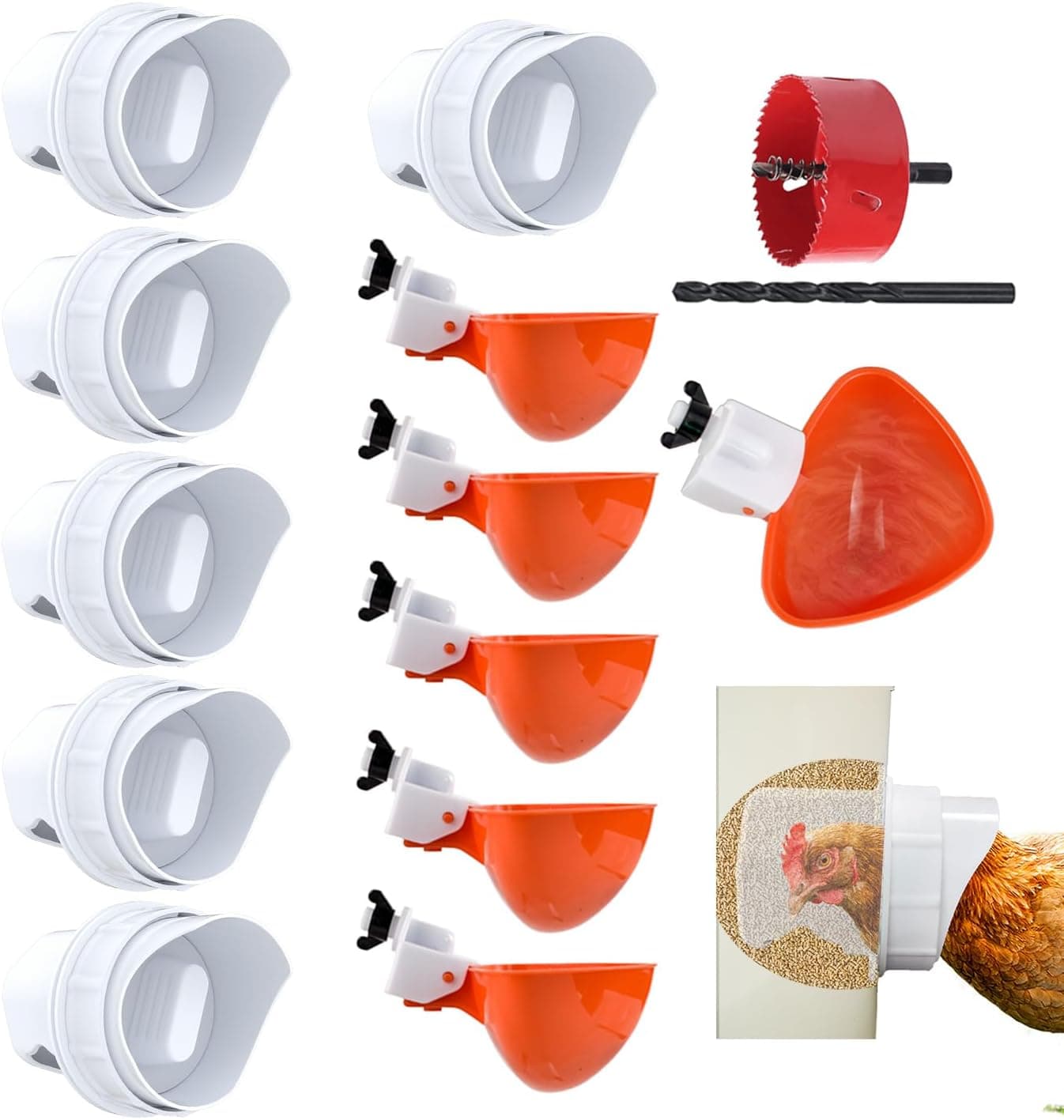 Essilnn DIY Chicken Feeder and Waterer Kit, No Waste Poultry Feeder for Buckets, 6 Ports and 6 Water Cups