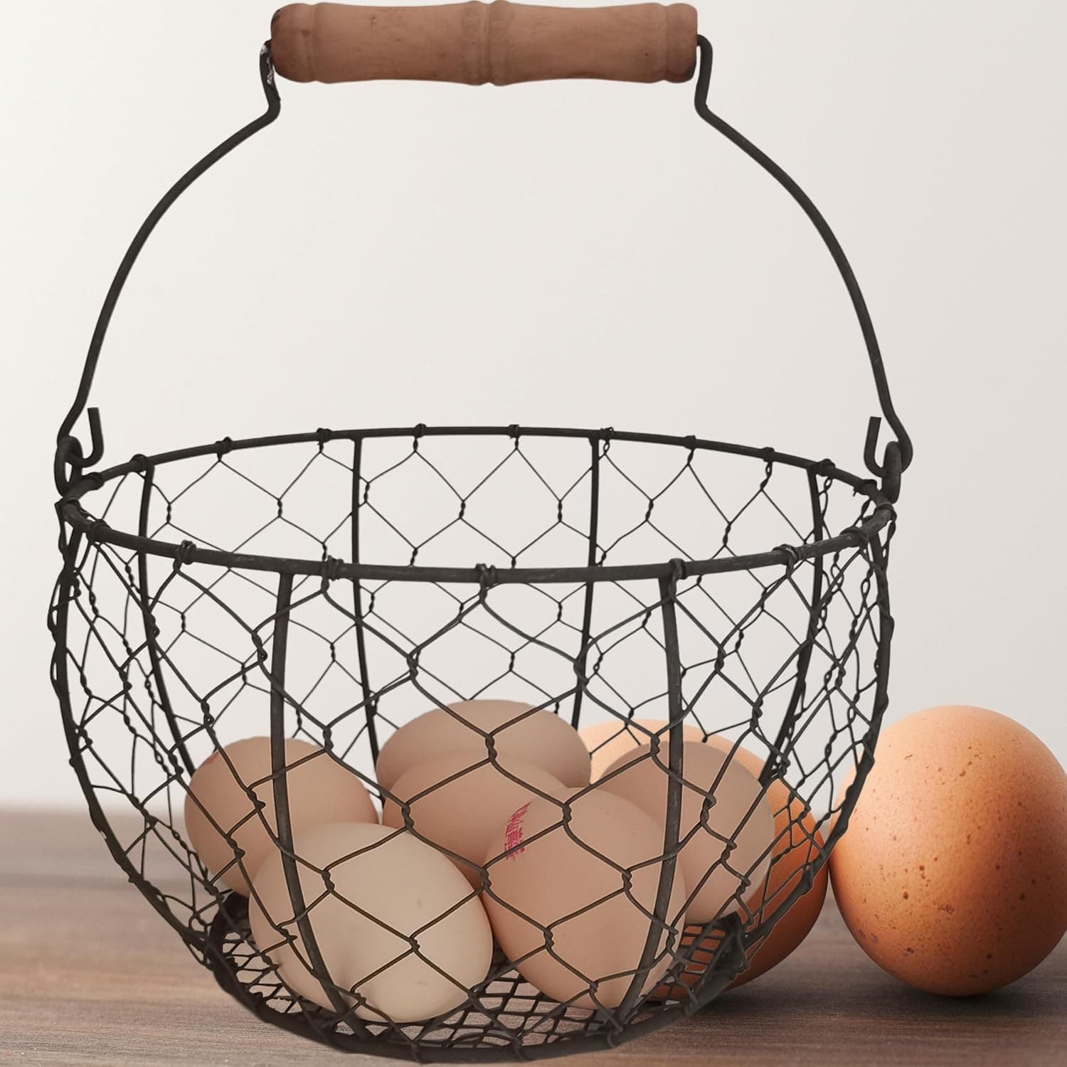 TAIANLE Wire Egg Basket with Wooden Handle, Farmhouse Egg Collecting Basket Gathering Eggs Holds 1-3 Dozen for Kitchen Countertop and Chicken Coop