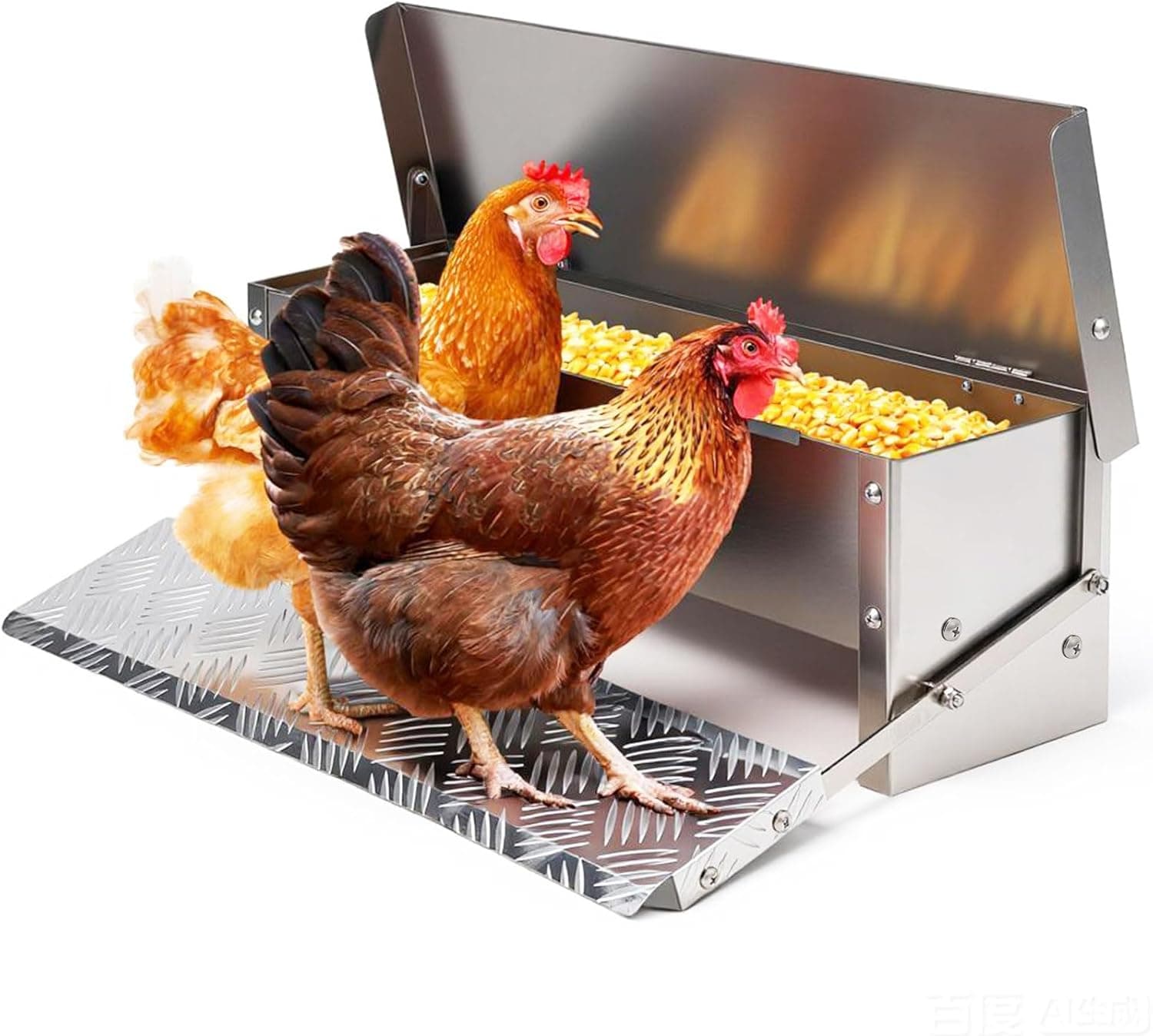 MUDUOBAN Automatic Chicken Feeder, Rat Proof and No Waste Treadle Feeder, Stainless Steel with Weatherproof Lid