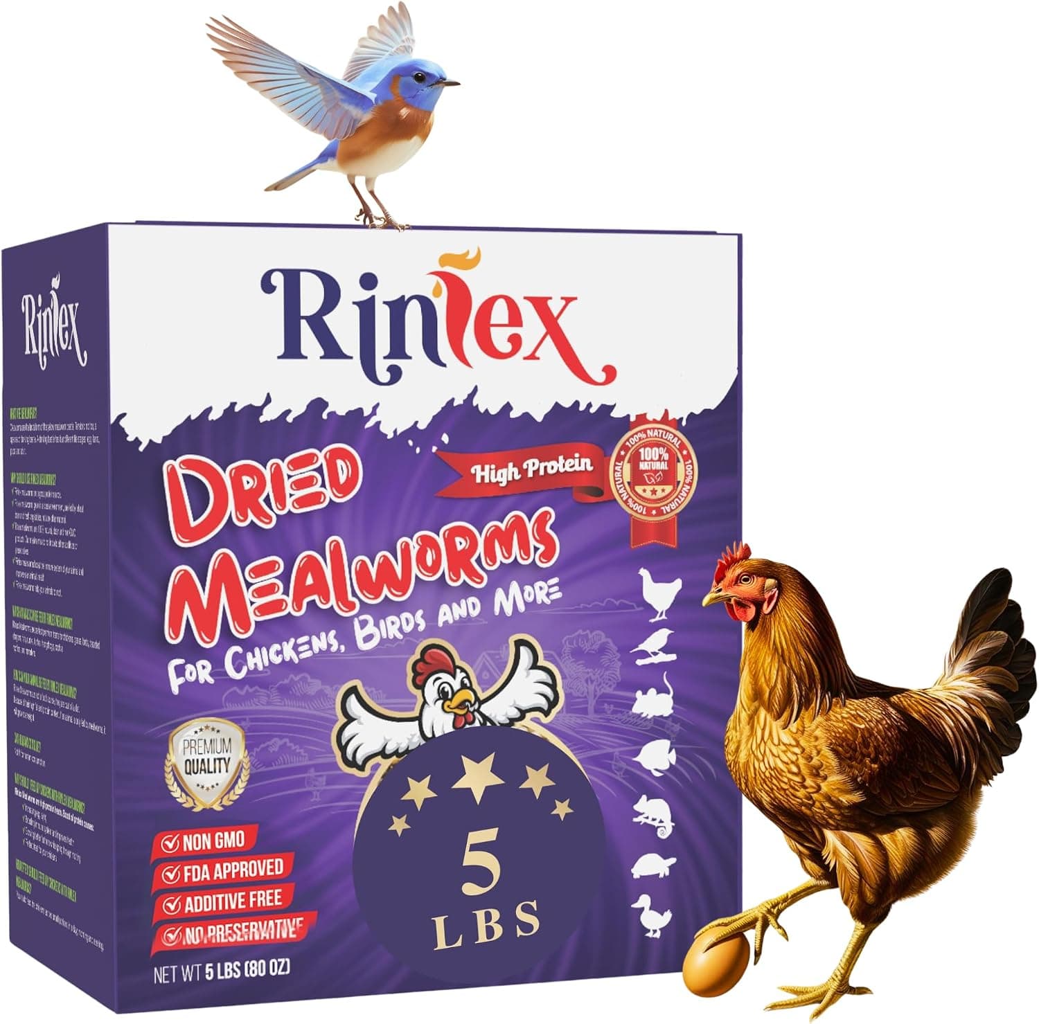 rinlex Dried Mealworms 5 lbs - High Protein Dried Worms for Chickens and Wild Birds