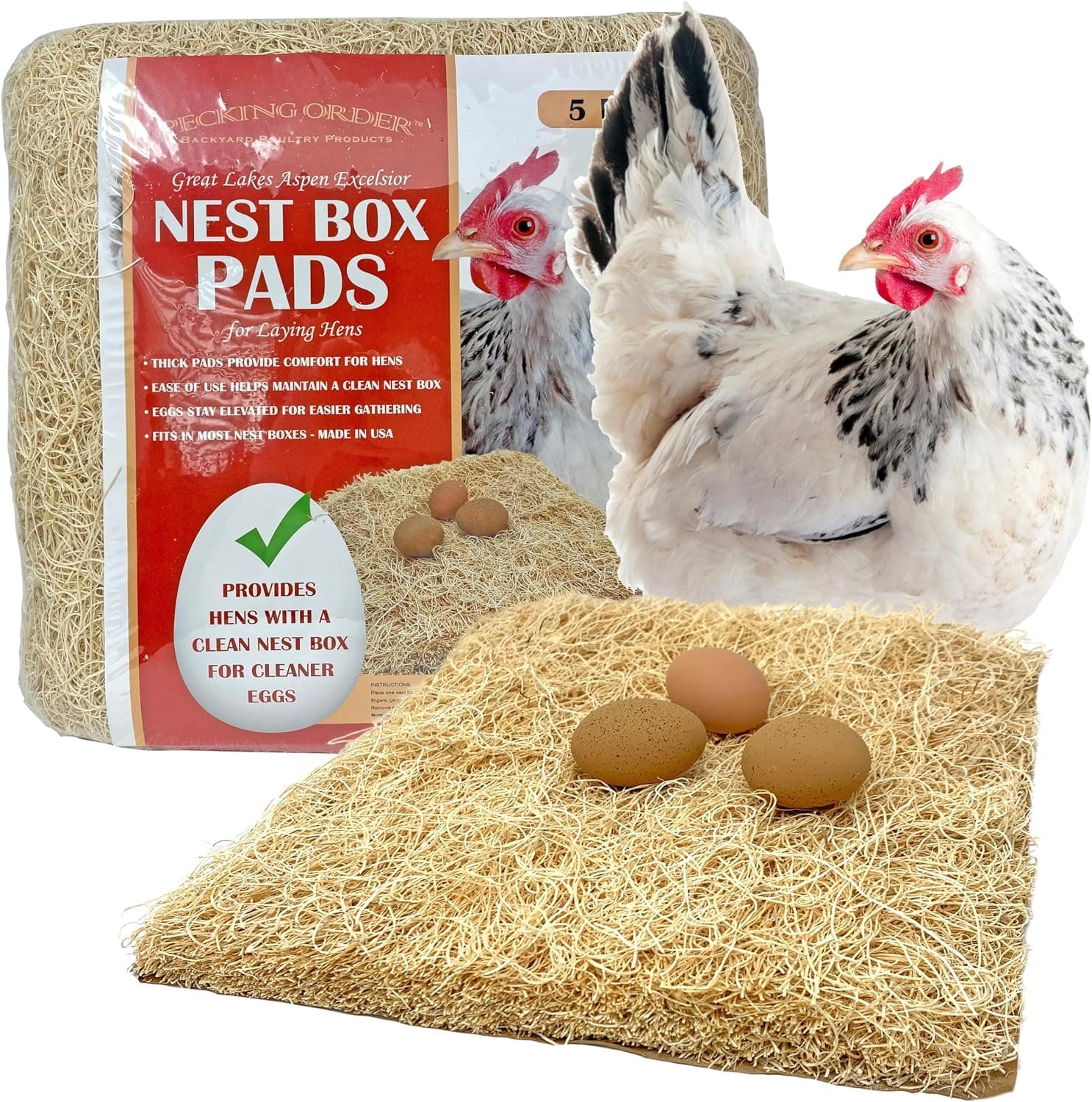 Nest Box Pads for Chicken Nesting Boxes, 13 x 13 Sustainably Sourced Aspen Excelsior, 5 Pack