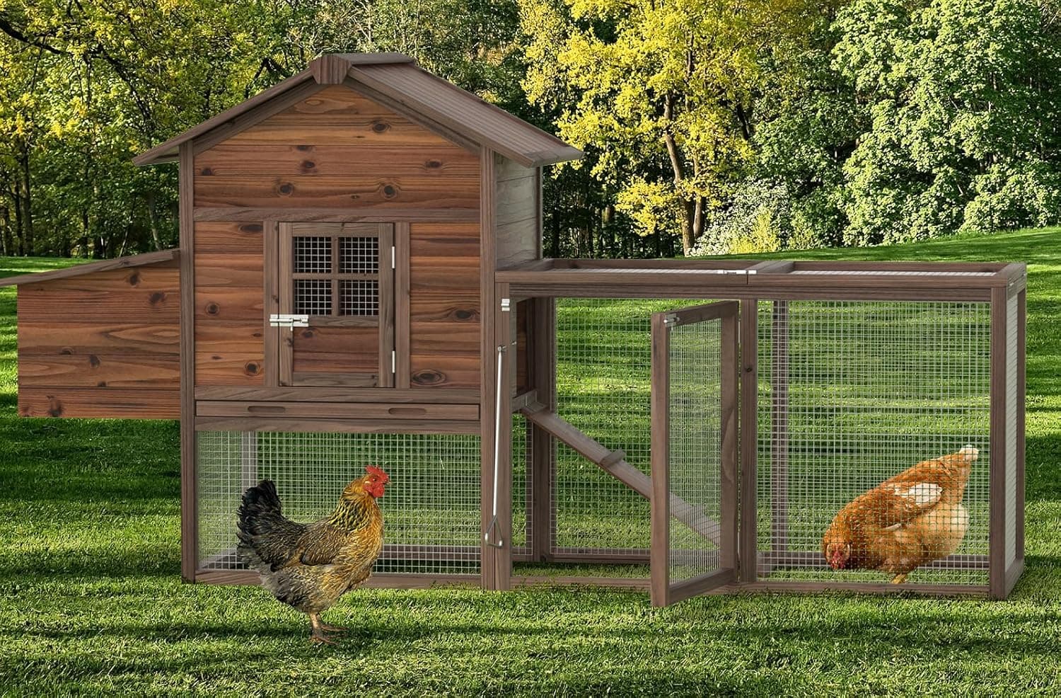 Wooden Chicken Coop Large Outdoor Hen House with Nest Box Poultry Cage Rabbit Hutch 80in Waterproof UV Panel Brown