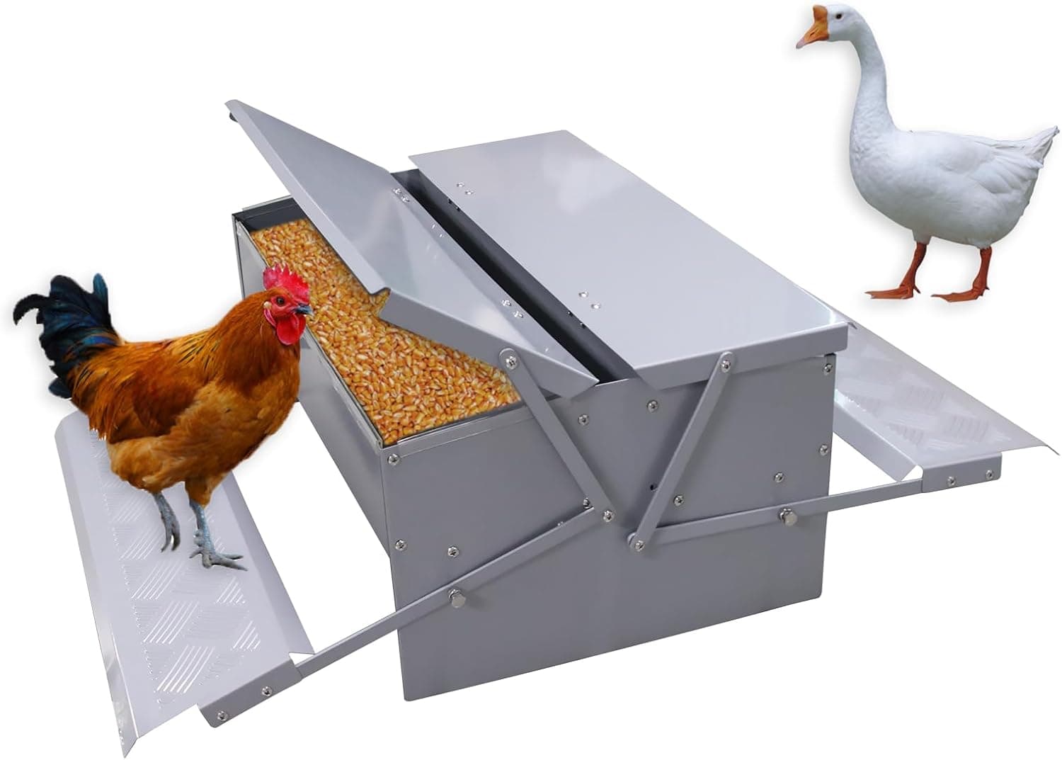 Automatic Chicken Feeder No Waste Rat Proof Treadle 22 lb Metal Poultry Feeding Trough with Weatherproof Lid
