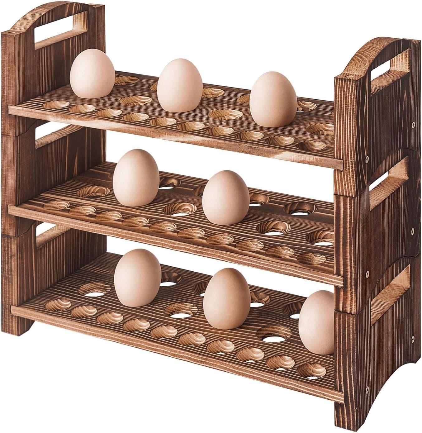Wooden Egg Holder 3 Layer Fresh Egg Rack Holders Countertop Stackable Egg Sorter Storage Trays Organizer, Fits Duck, Turkey, Chicken Eggs, up to 36 Eggs (3 Tier Brown)