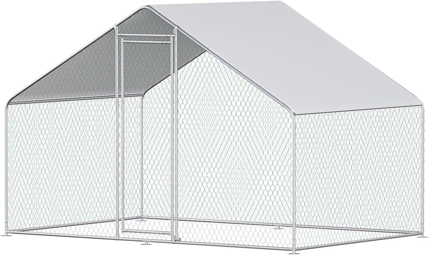 CHICKENPEN 9.8 x 6.5 x 6.5 ft Metal Chicken Coop, 1-Room Steeple Run with Dual-Coated Steel Frame, PVC Mesh and Waterproof UV-Resistant Cover
