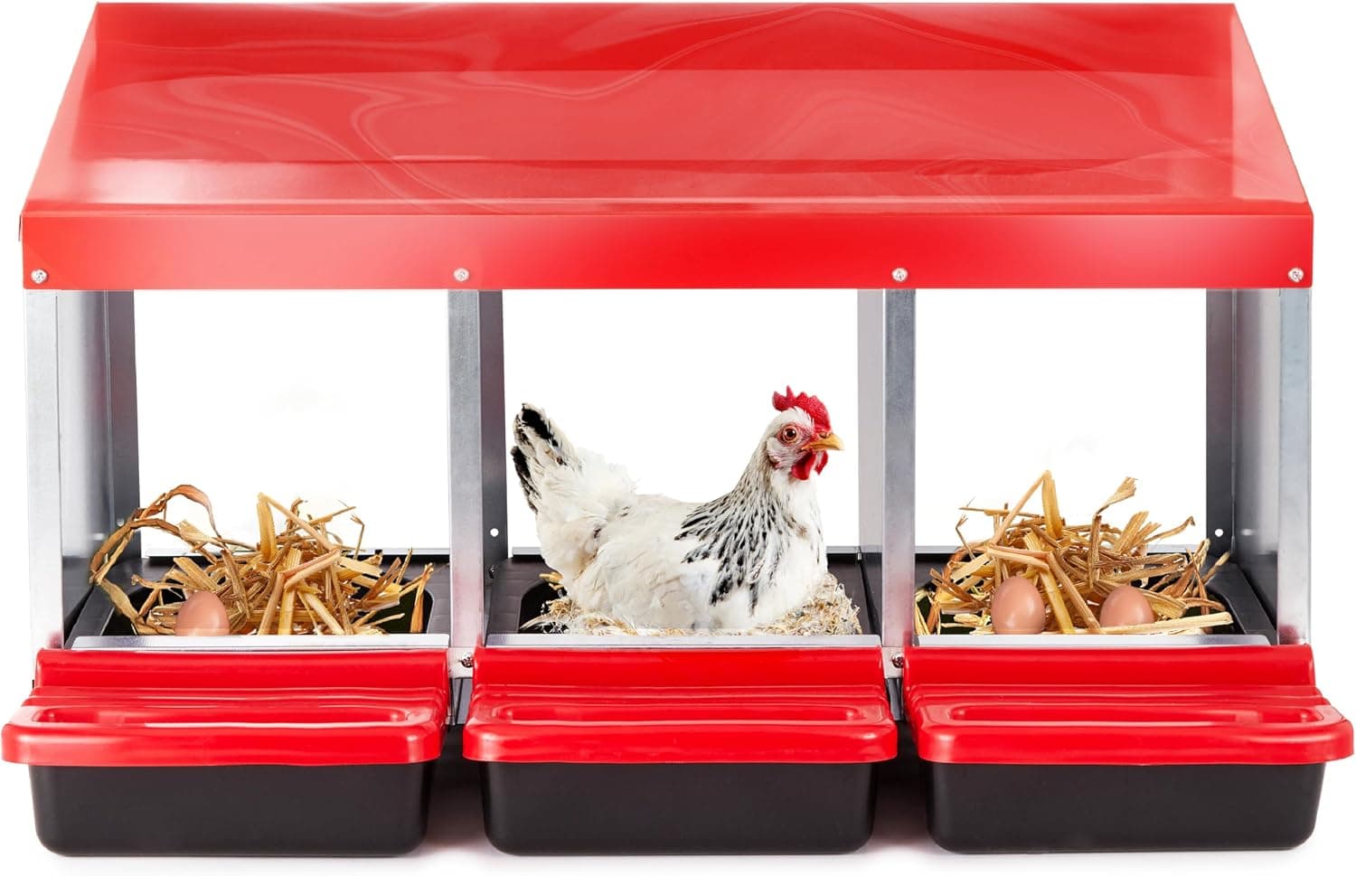 Chicken Nesting Boxes for Laying Eggs, 3-Compartment Roll-Away Nesting Boxes with Perch and 3 Wooden Dummy Eggs