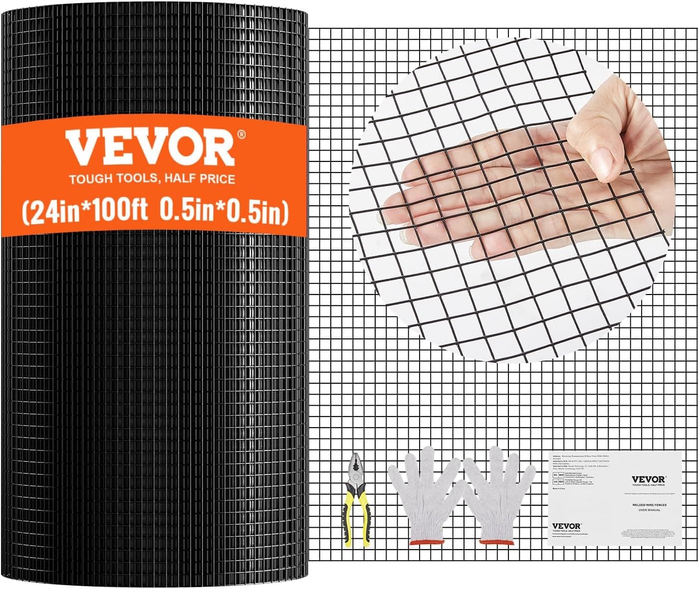 VEVOR Hardware Cloth 24 in x 100 ft 1/2 inch Galvanized Wire Mesh Roll, 19 Gauge Chicken Wire Fencing for Coop Barrier and Poultry Enclosures