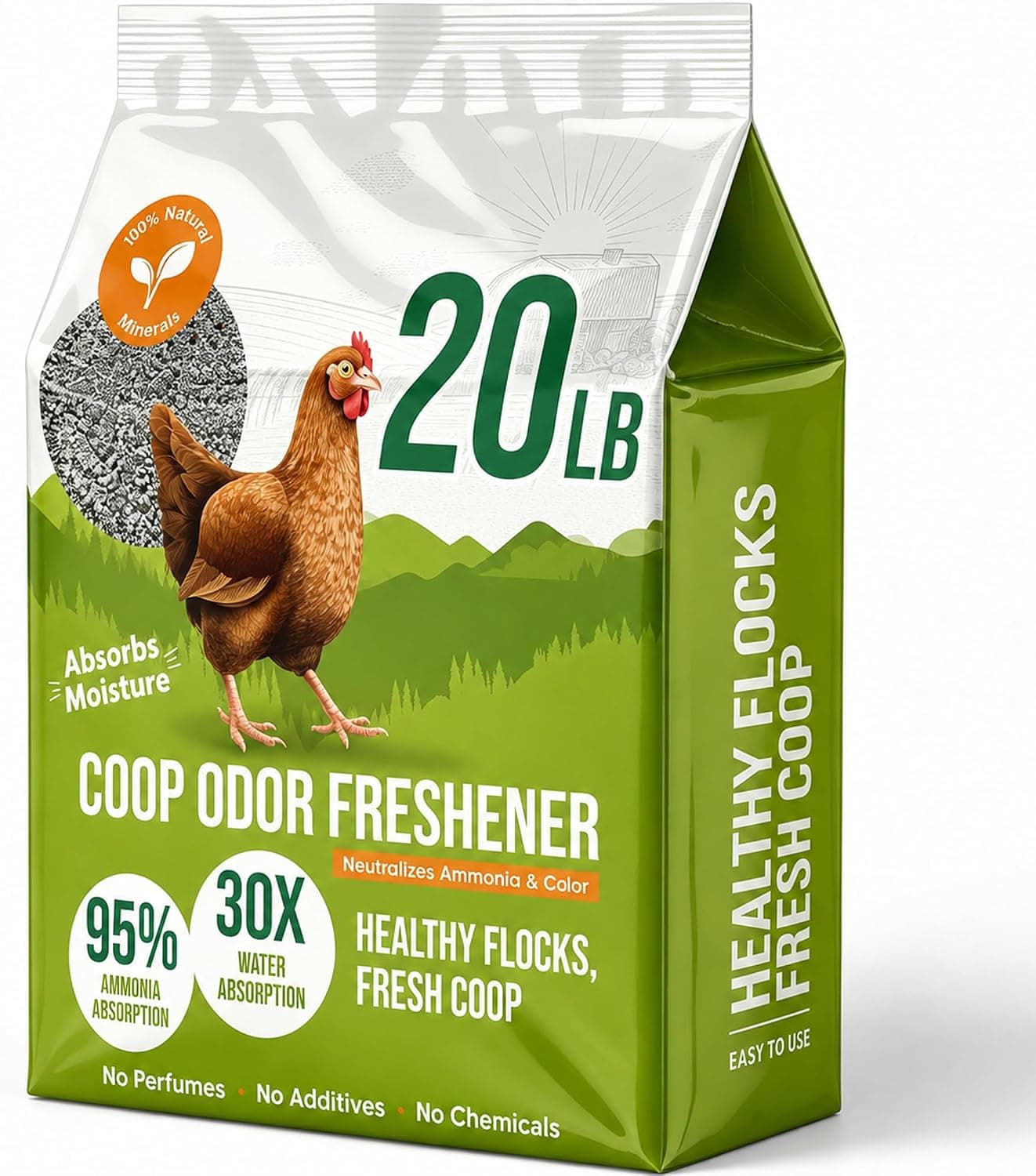 Chicken Coop Refresher 20 Pounds - All-Natural Odor Eliminator, Moisture Absorber, and Ammonia Neutralizer - Deodorizer, Chicken Coop Accessories for Chickens Run