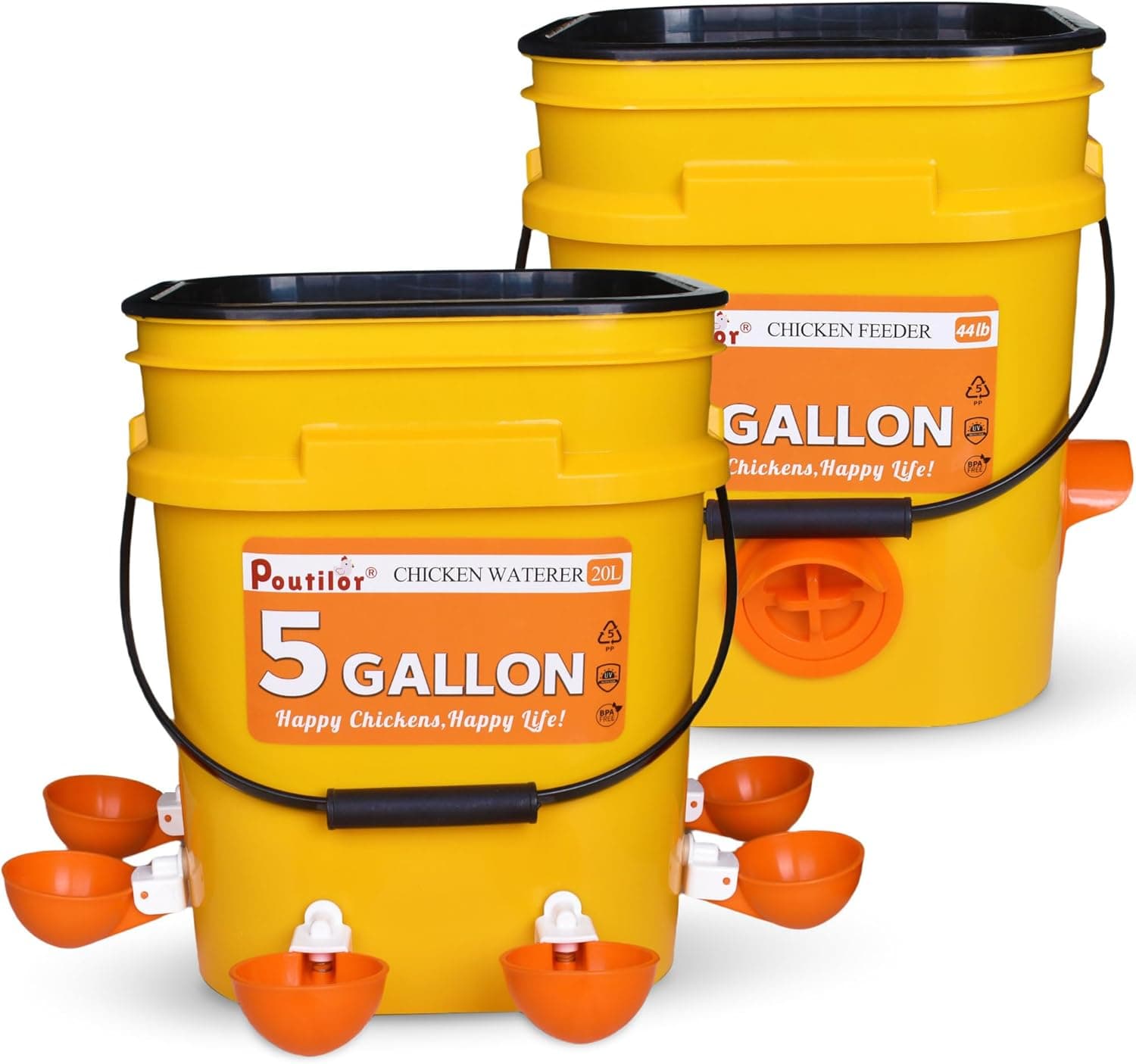 5 Gallon/44 Lbs Automatic Chicken Feeder and Waterer Set with Buckets, No Waste Feeder Port and Waterer Cup