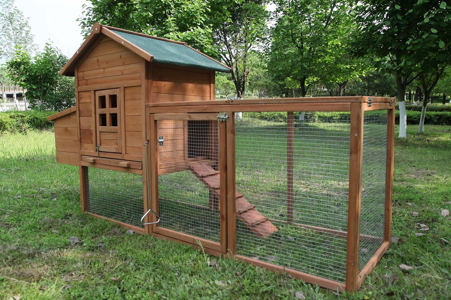 Outdoor Chicken Coop for 2-4 Chickens Wooden Hen House Poultry Pet Hutch Run Cage with Waterproof Asphalt Roof, Ramp, Nesting Box, Wire Fence 80in