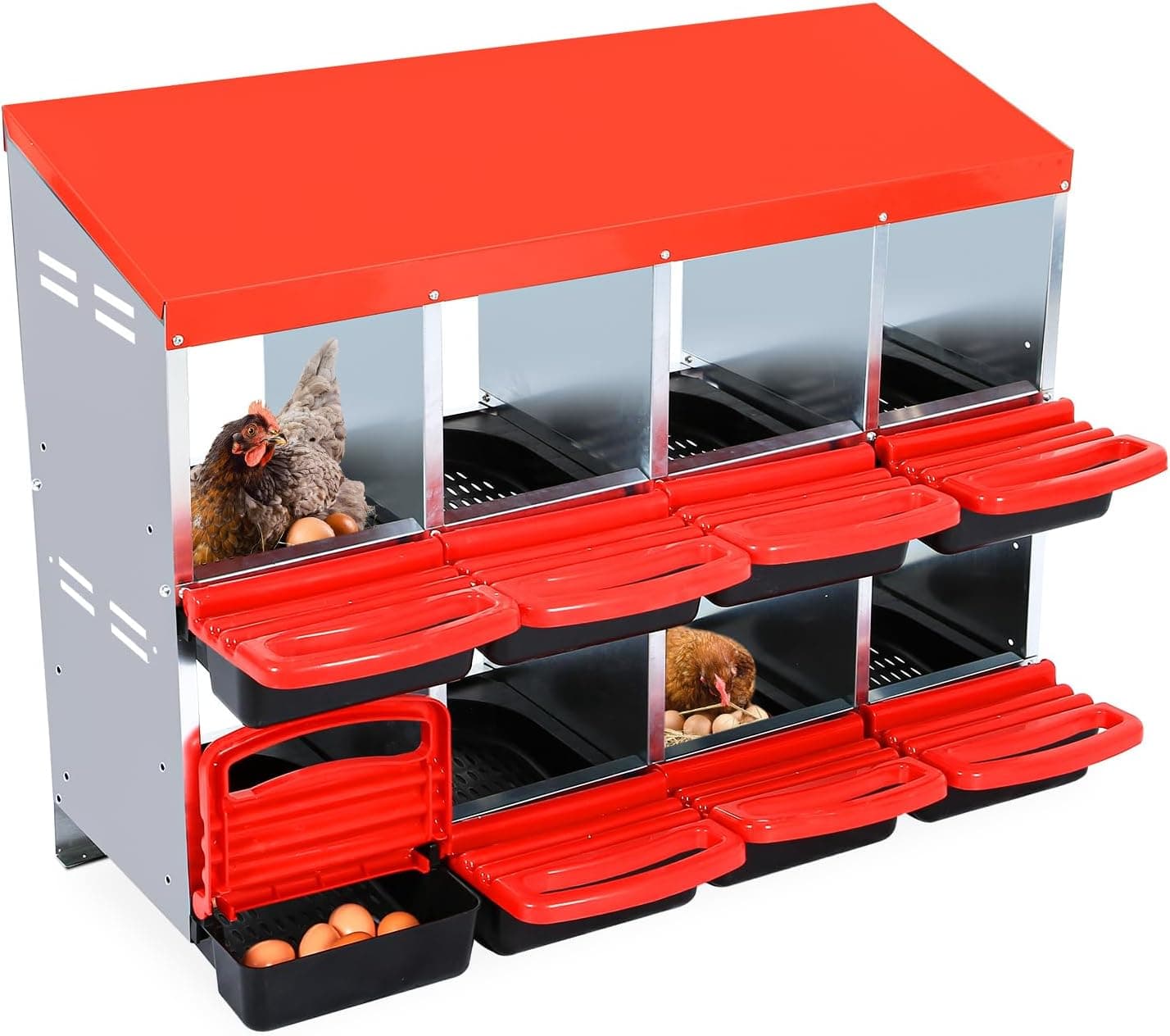 8 Hole Metal Roll Away Nest Box for Chicken Coop with Lid Cover for Easy Egg Collection, Red