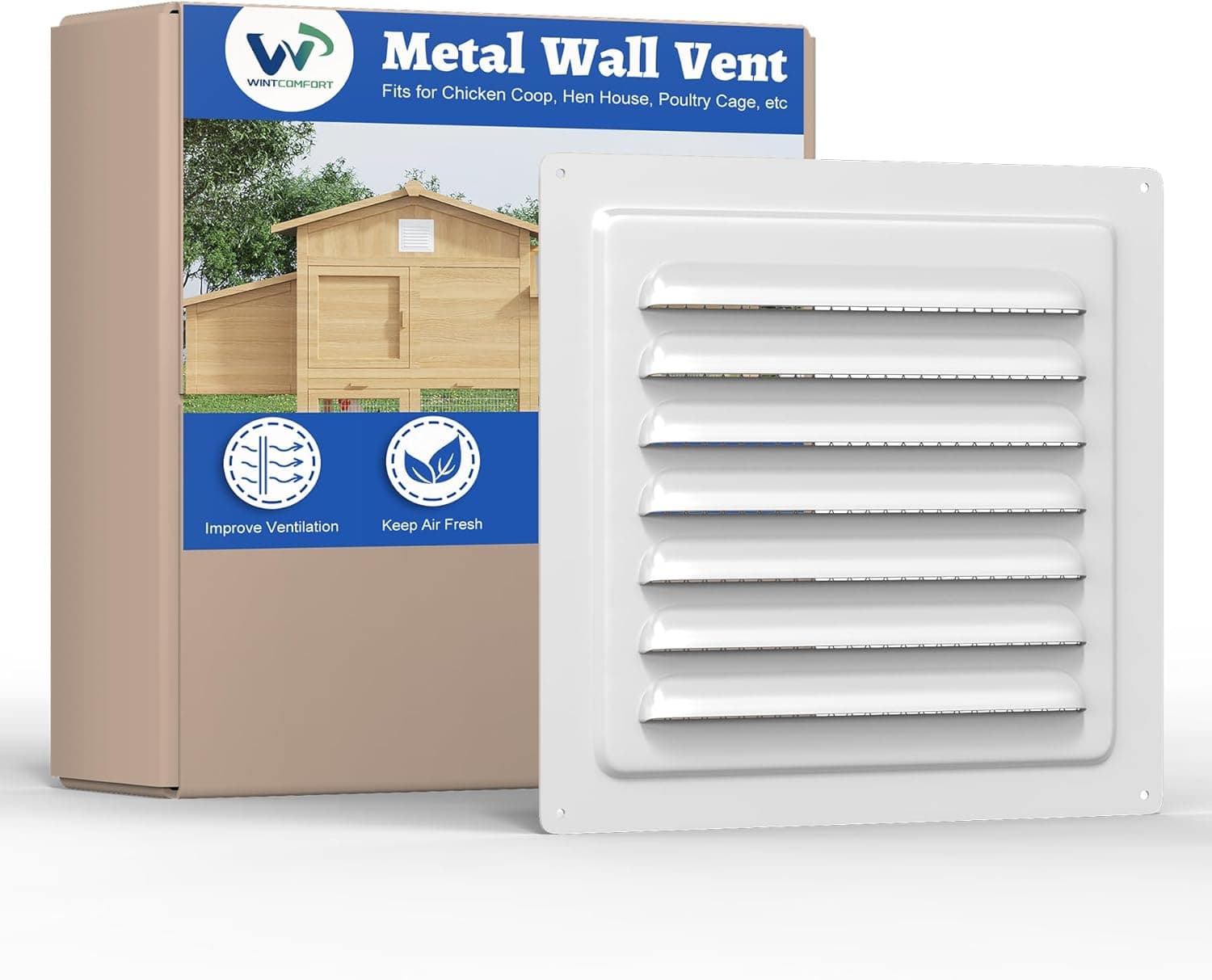 Wintcomfort Chicken Coop Metal Wall Vent, 6" x 6" Metal Shed Vent with Built-in Screen, White