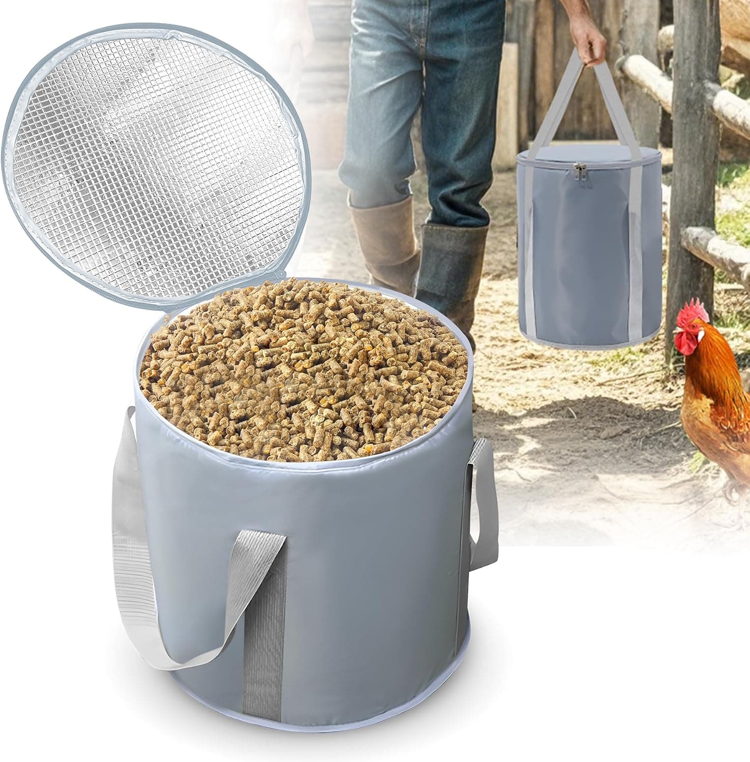 Memrita Chicken Feed Storage Container, 20 Lbs Portable Insulated Airtight Feed Container