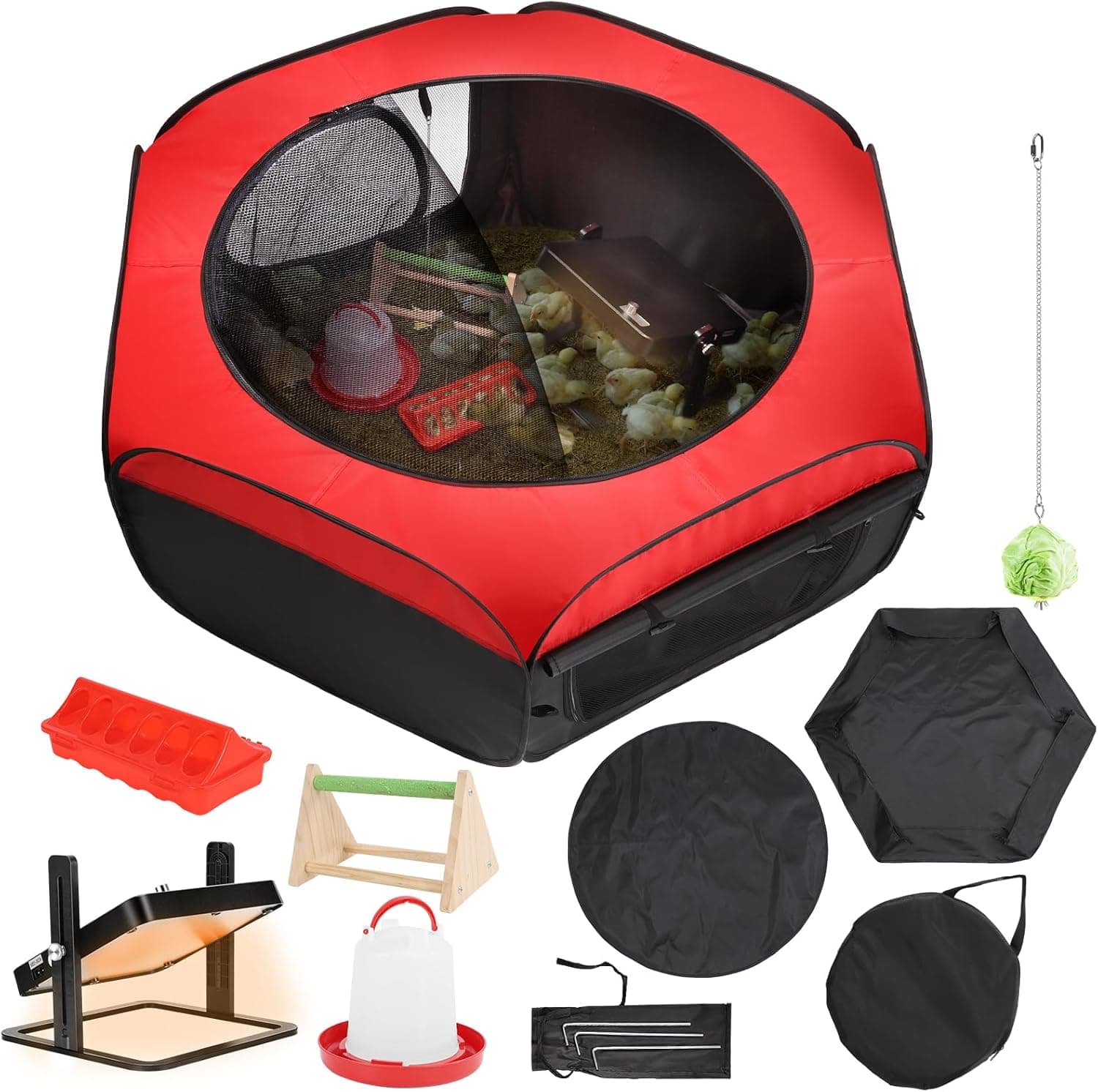 Pop-Up Chick Brooder Kit with Heating Plate - Complete Starter Set for Baby Chicks, Ducklings & Quail - Includes Playpen, Feeder, Waterer, Perch & Veggie Hanger - Indoor/Outdoor Use