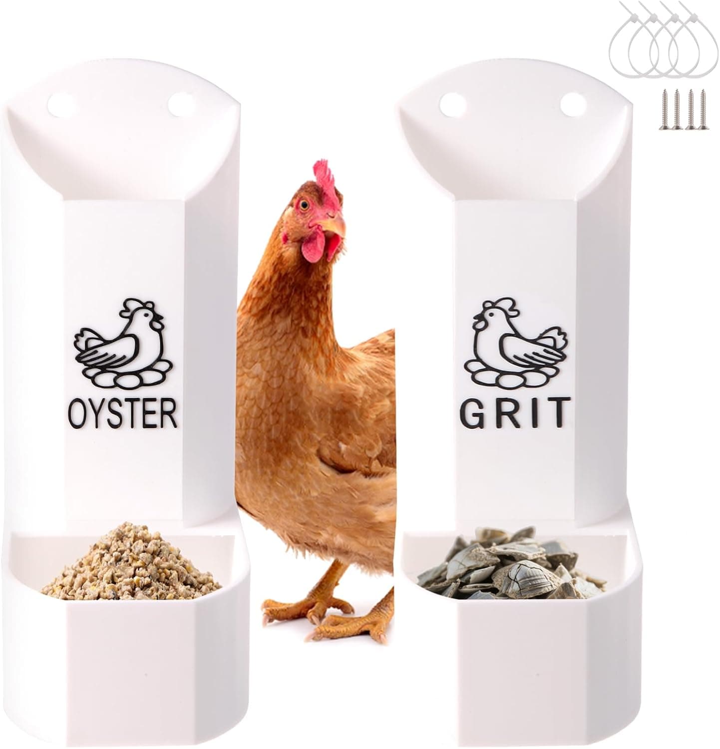 Hanging Chicken Oyster Shell and Grit Feeder Combo - Automatic Gravity Feed Dispenser, No Waste Design