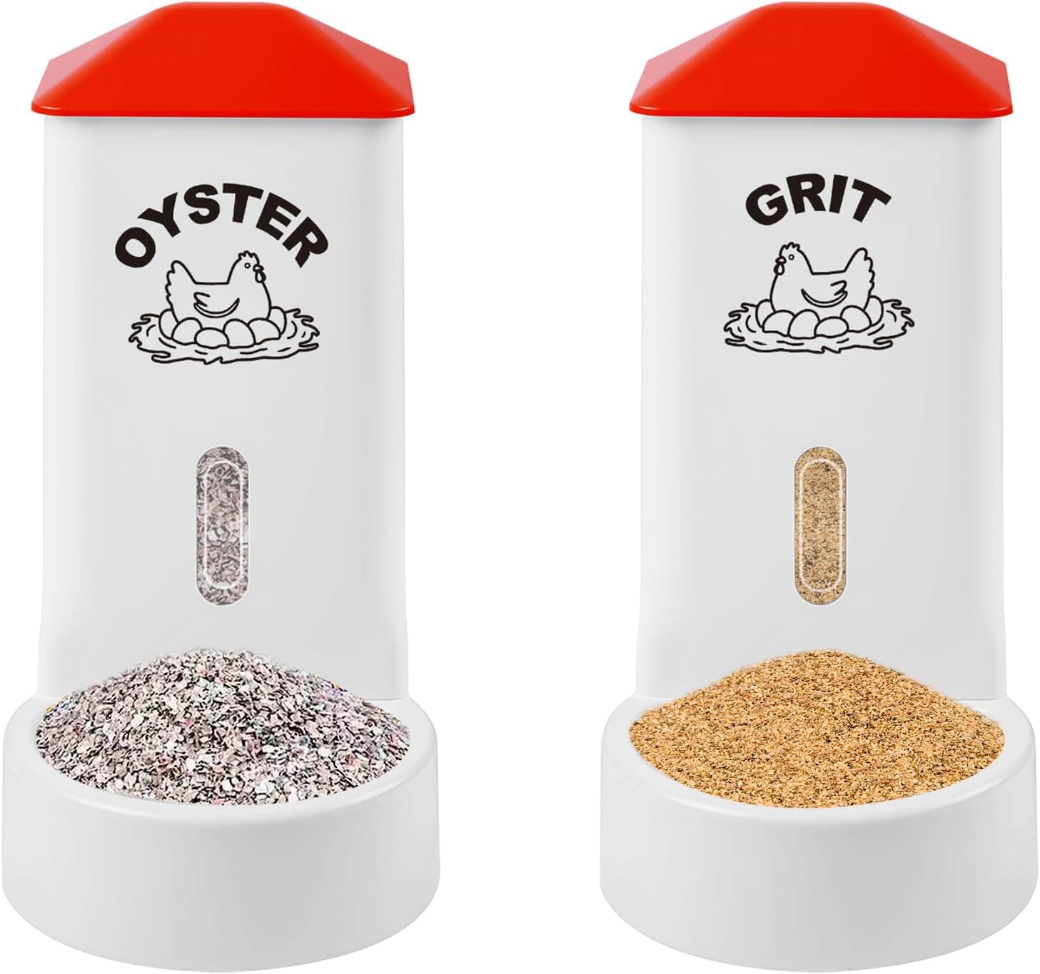 2 Pack Chicken Grit and Oyster Shell Feeder, Automatic PVC Chicken Feeder with Visual Window and Lid