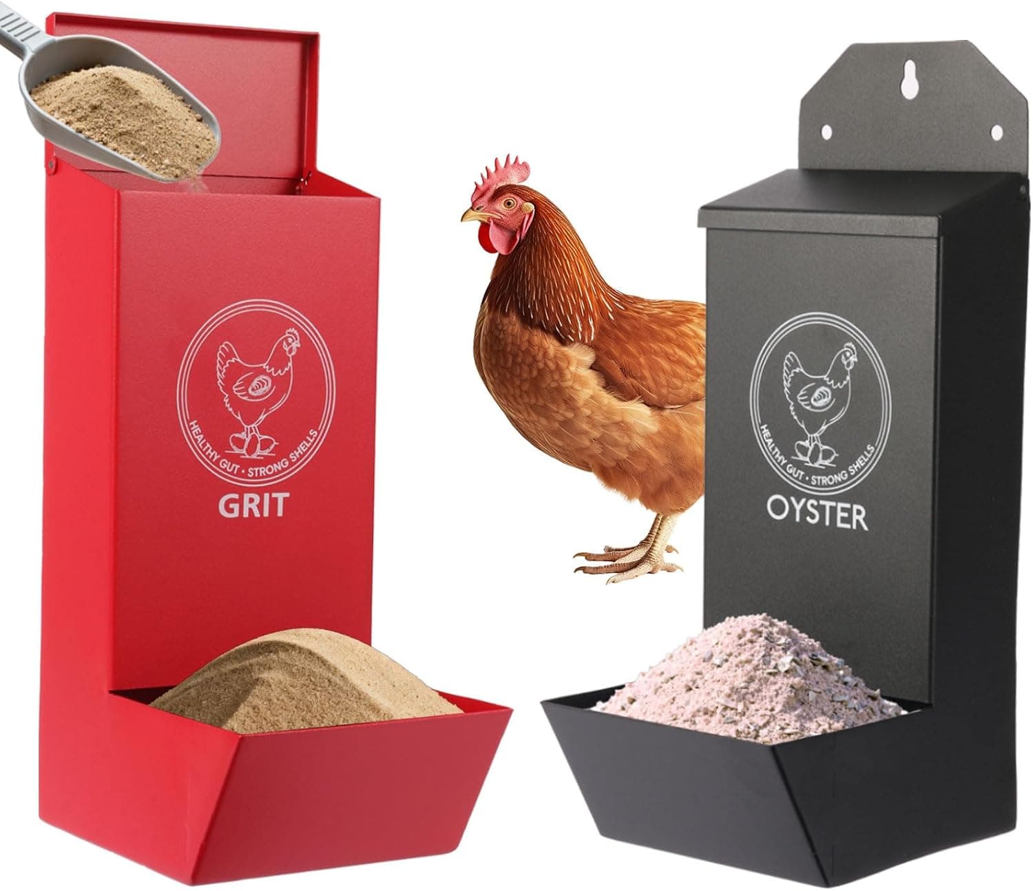 2-Pack Metal Chicken Grit Feeder and Oyster Shell Feeder with Lid - Hanging Gravity Poultry Feeder, Rain Proof