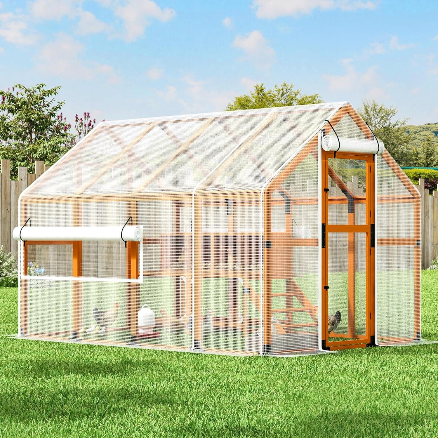 COZIWOW Chicken Coop with Full Waterproof Cover, 9ft Extra Large Wooden Chicken House for 10-15 Chickens, 4 Nesting Boxes and Roosting Bars