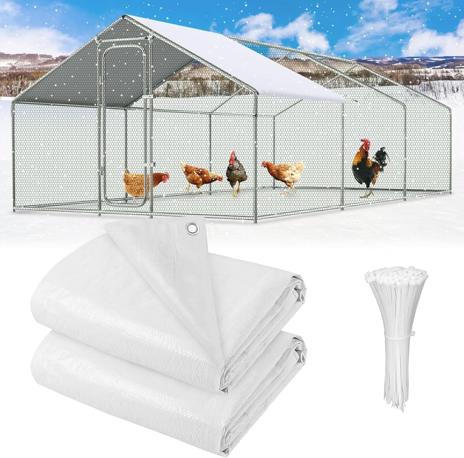 2 Pack Chicken Coop Cover Waterproof, 14.5 x 6.3 FT Chicken Run Cover Coop Tarp with 80 Heavy Duty Zip Ties, White