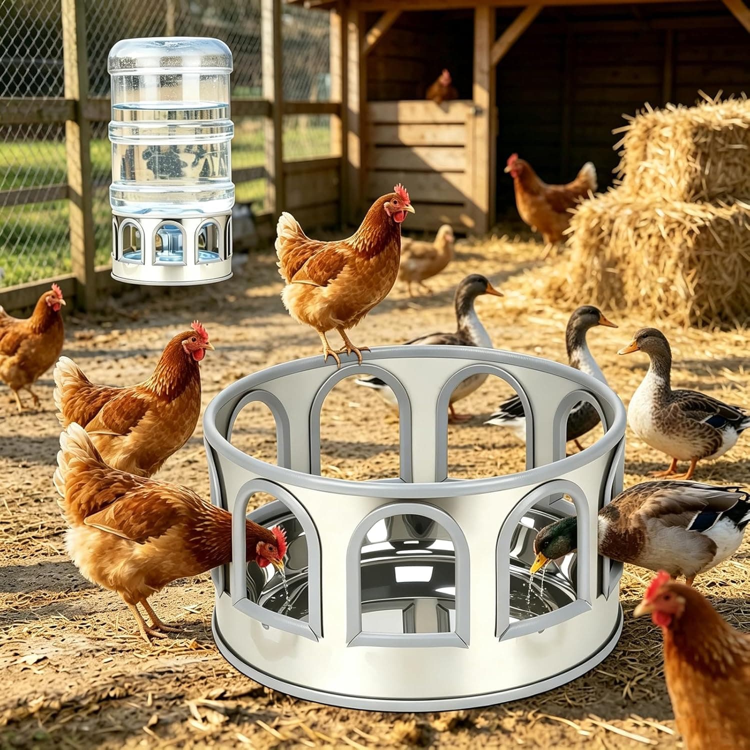 5 Gallon Chicken Waterer Base, Stainless Steel Poultry Automatic Drinker Base with 9 Guarded Drinking Ports