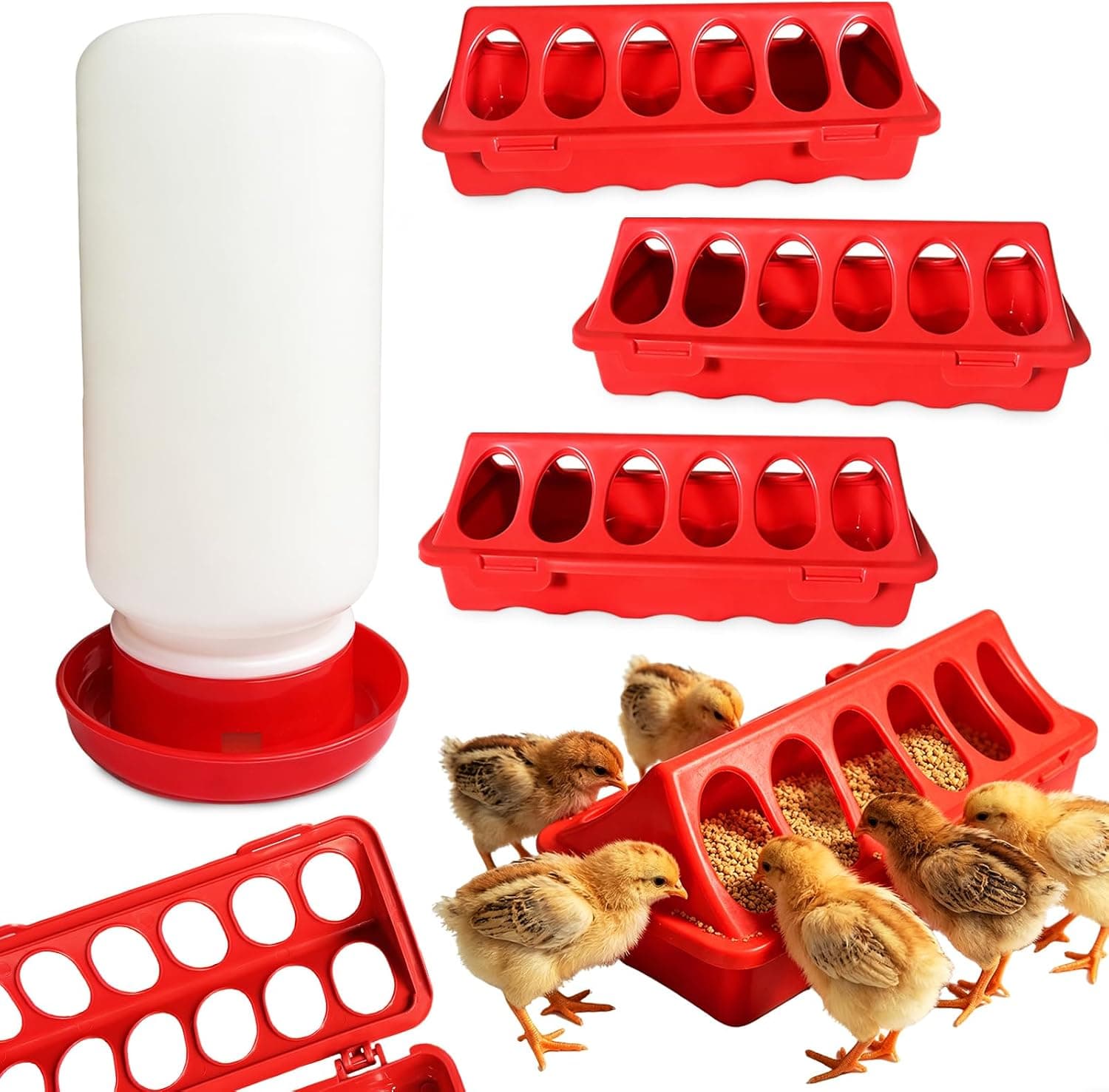 Chick Feeder and Waterer Set, 3 Pack 12-Hole No-Spill Poultry Feeders with 1L Automatic Chicken Waterer