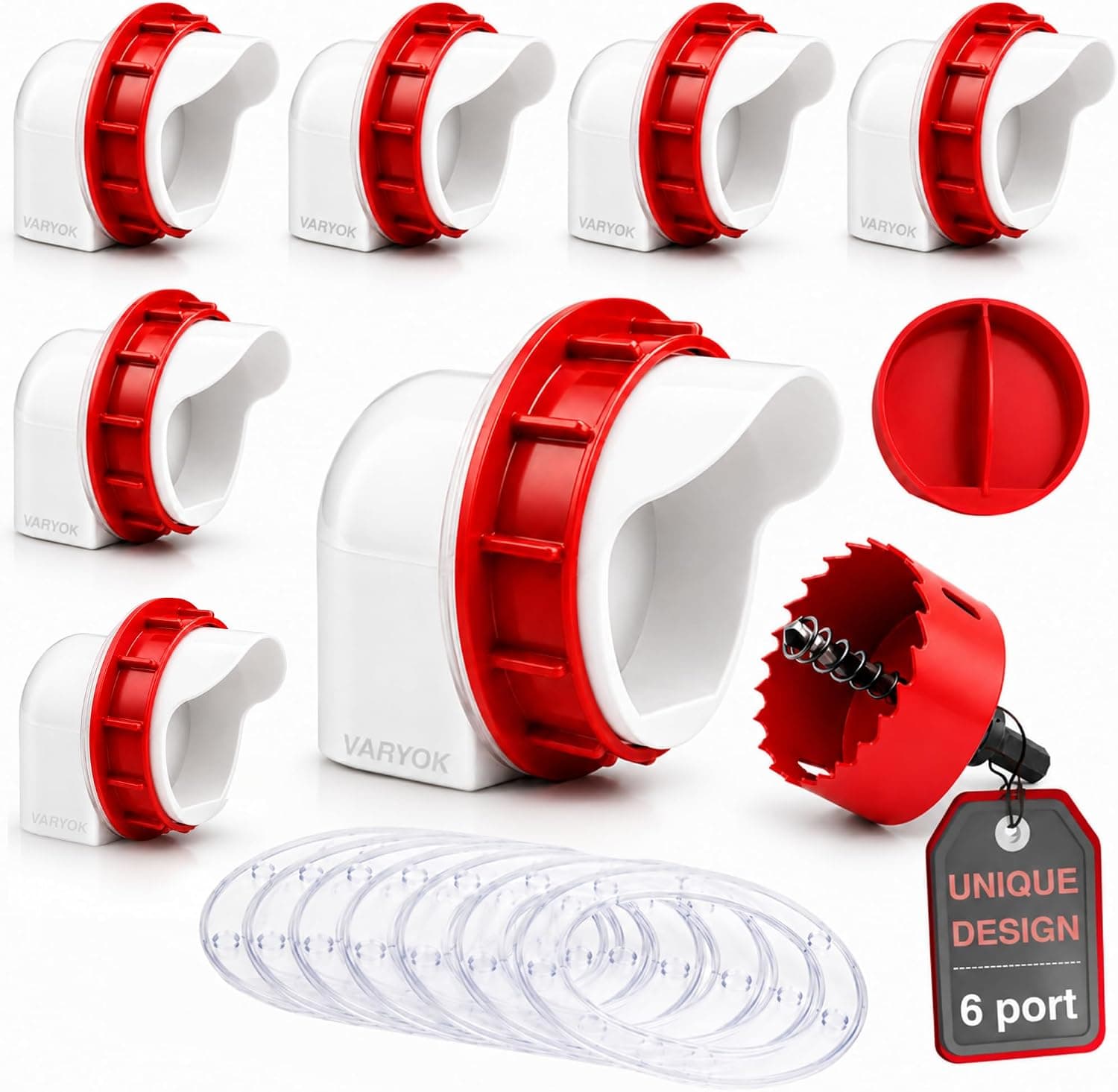 Chicken Feeder Port Kit, 6 Ports No Waste Feeder Cups with Rainproof Covers and 3.15" Hole Saw