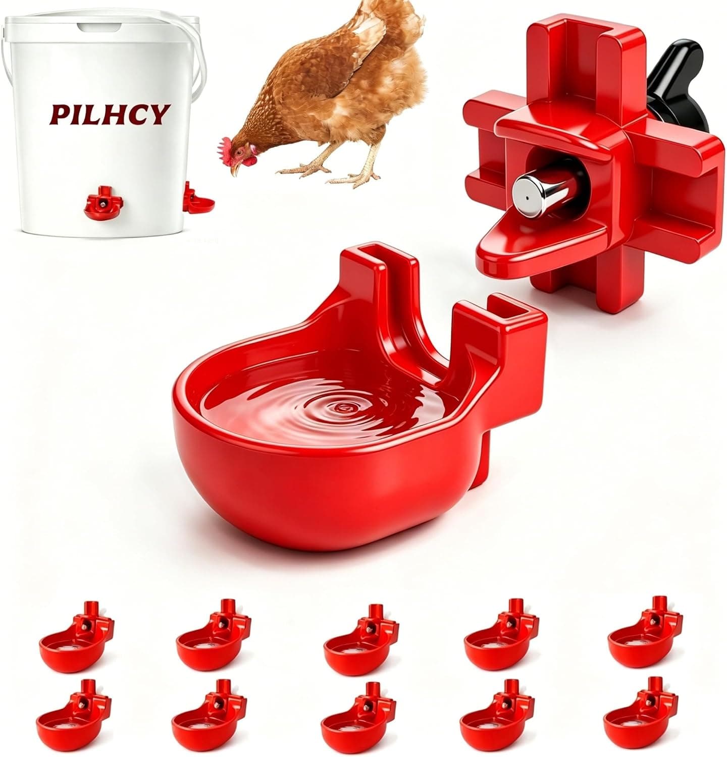 10 Pack Horizontal Chicken Waterer Nipples with Cups - Poultry Watering System, Leakproof Automatic Drinker