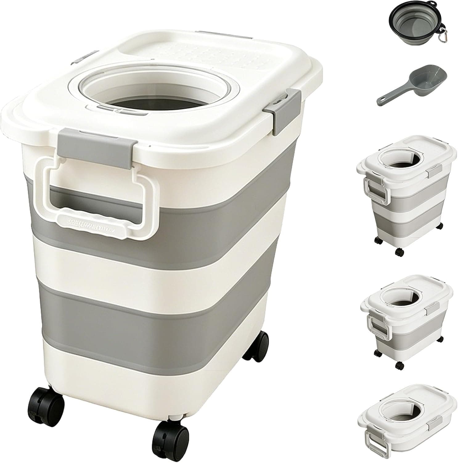 40-50lbs Dog Food Storage Container with Wheels, Foldable Airtight Pet Food Bin with Locking Clips and Transparent Top Lid