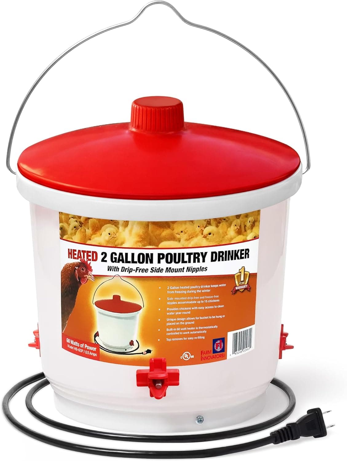 Farm Innovators Heated Waterer with Lid, 60W Hanging Water Dispenser - 2 Gallon Poultry Drinker Bucket