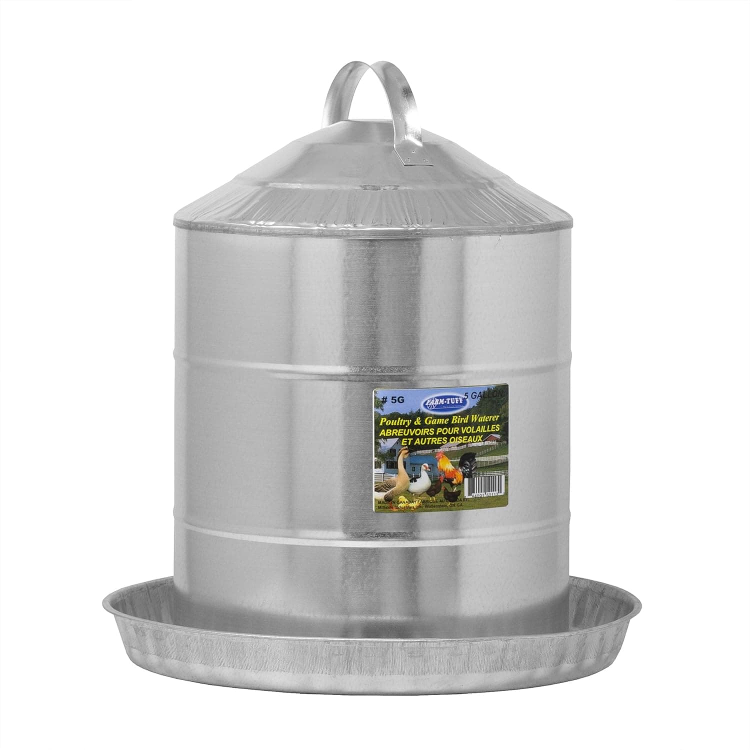 FARM-TUFF Galvanized Poultry Waterer, 5 Gallon Capacity - Double-Wall Poultry Fountain with Cone Top