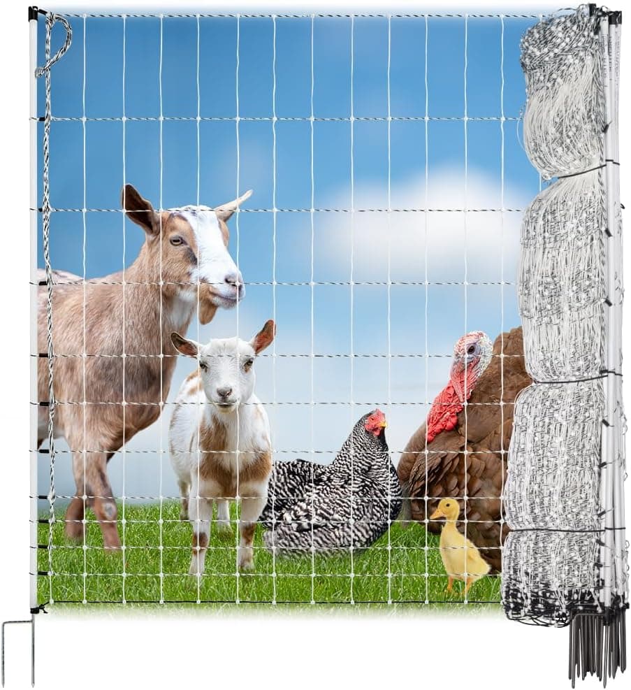 Premier 1 PoultryNet Electric Fence for Backyard Chickens, Ducks and Turkeys with Step-in Posts, 48 in H x 164 ft L, White
