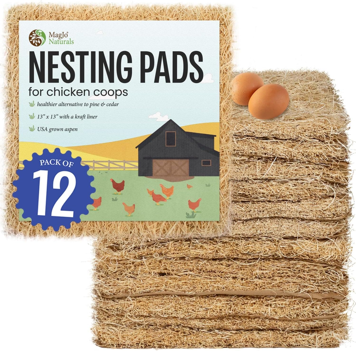 MagJo Aspen Nesting Pads for Chicken Coops, USA Grown Aspen Excelsior Nest Box Liners 13x13, 12 Pack