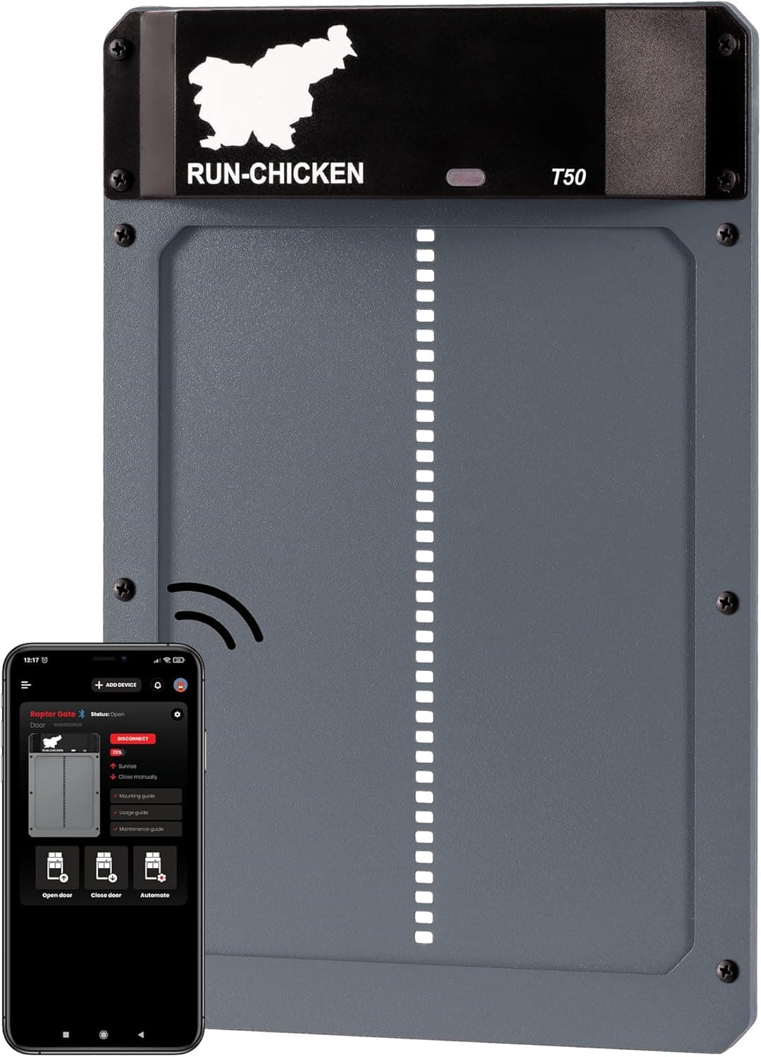 RUN-CHICKEN Door T50 Automatic Chicken Coop Door Opener, Battery Powered Weatherproof Aluminum, Smart App and Timer Control, Predator Proof, Gray