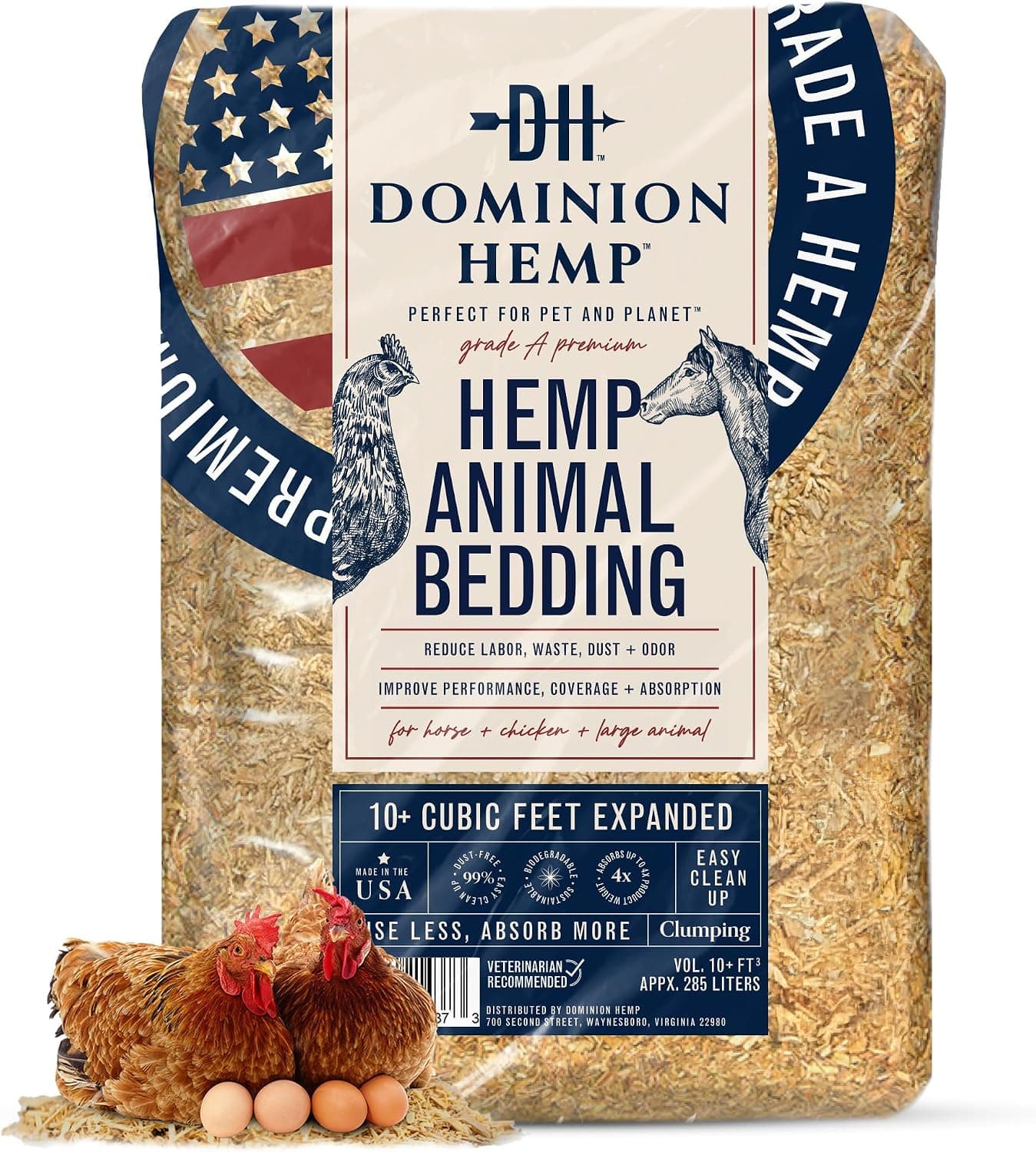 Dominion Hemp Premium Hemp Bedding for Chicken Coops 285L - Made in USA - Ideal Nesting Material for Newly Hatched Chicks, Brooder Cover, Small Pet Bedding - 30lbs, 1-Pack