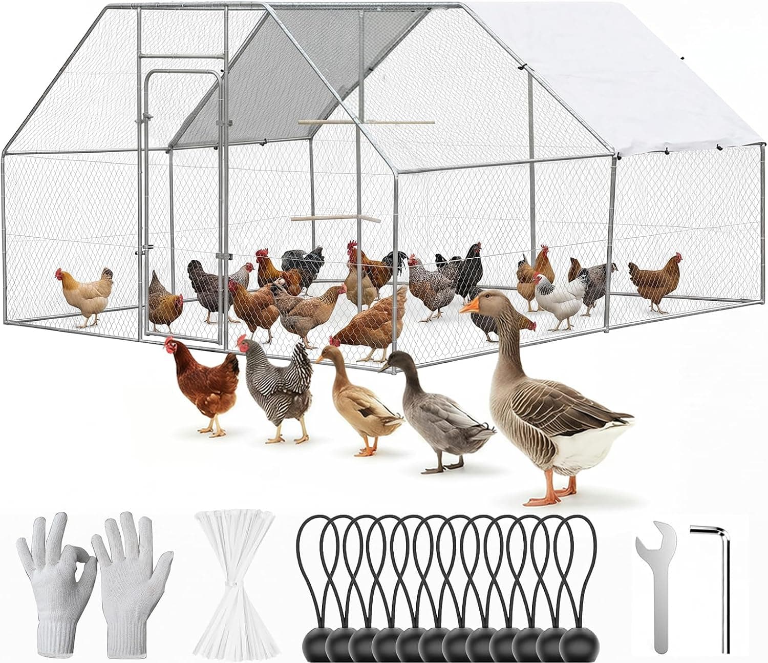 Large Metal Chicken Coop 9.8 x 9.8 x 6.6 ft Walk in Chicken Run for Yard with Cover and Perch, Chicken House for Duck and Rabbit