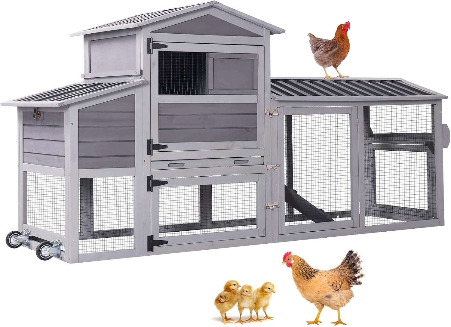 Aivituvin 83in Chicken Coop Mobile Hen House Outdoor Wooden Poultry Cage with Wheels, Nesting Box and Run for 2-4 Chickens