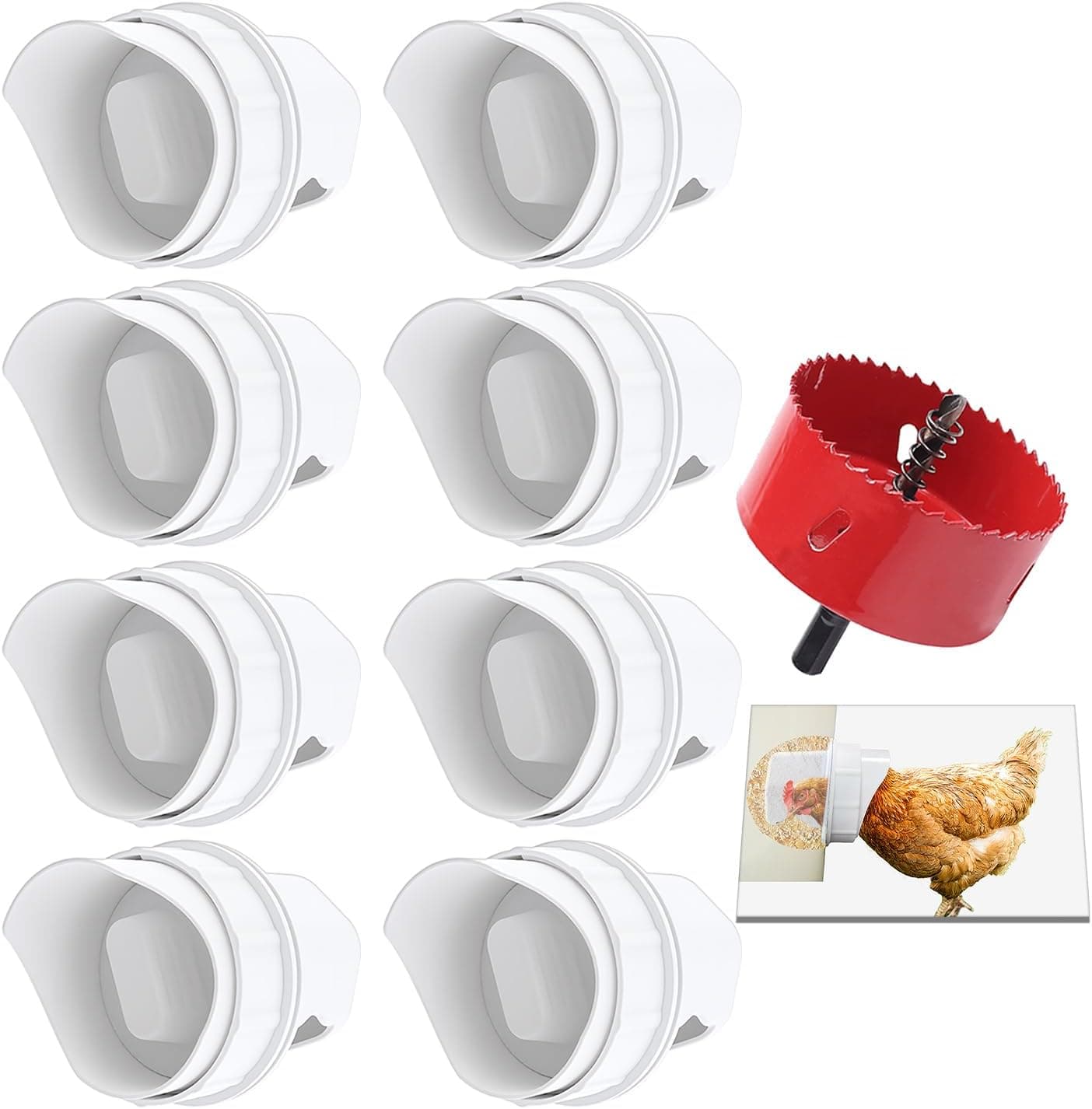 DIY Chicken Feeder Ports Rain Proof Gravity Feed Kit for Buckets, Bins and Troughs, 8 Ports
