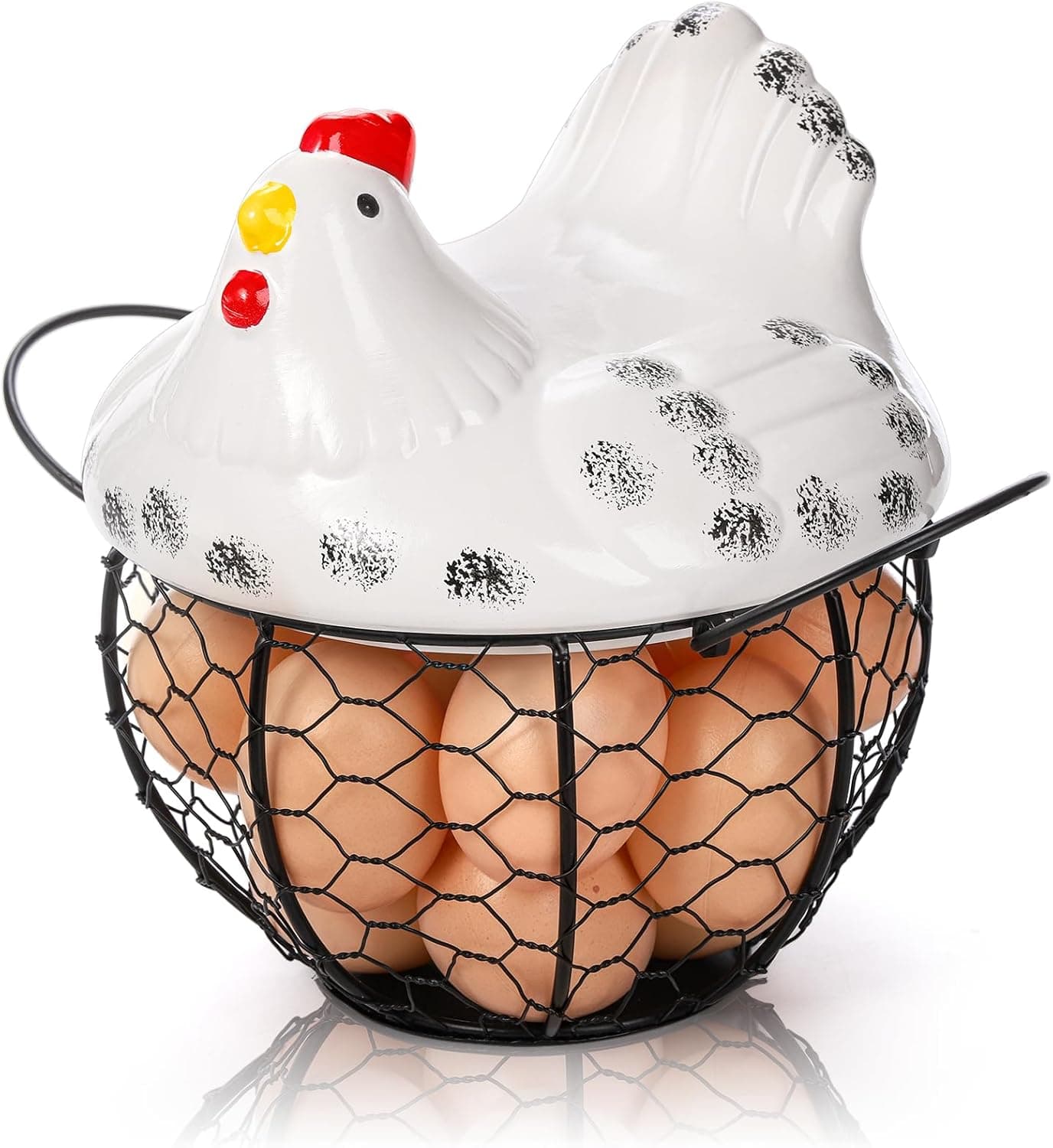 AVLA Chicken Egg Basket, Black Wire Egg Collection Basket with Ceramic Lid for Gathering Fresh Eggs, Decorative Farmhouse Egg Storage Container