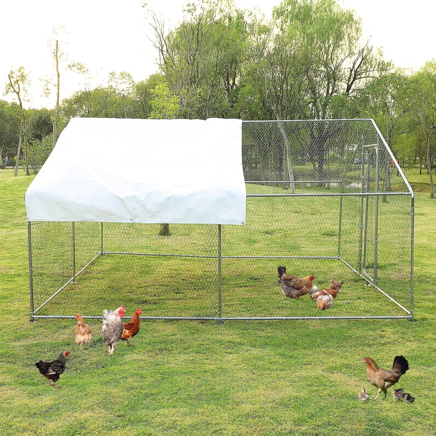 LEISU Large Chicken Coop Outdoor, Metal Walk-in Chicken Run Pen Fence with Waterproof Cover, Hen Duck Rabbit Enclosure, 118 x 118 x 79in Spire
